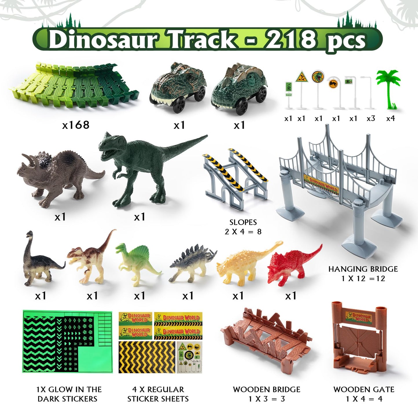 Coroiesty 268 PCS Dinosaur Race Track Glow Set – 2 Cars, Flexible DIY Tracks (Ages 3-9)
