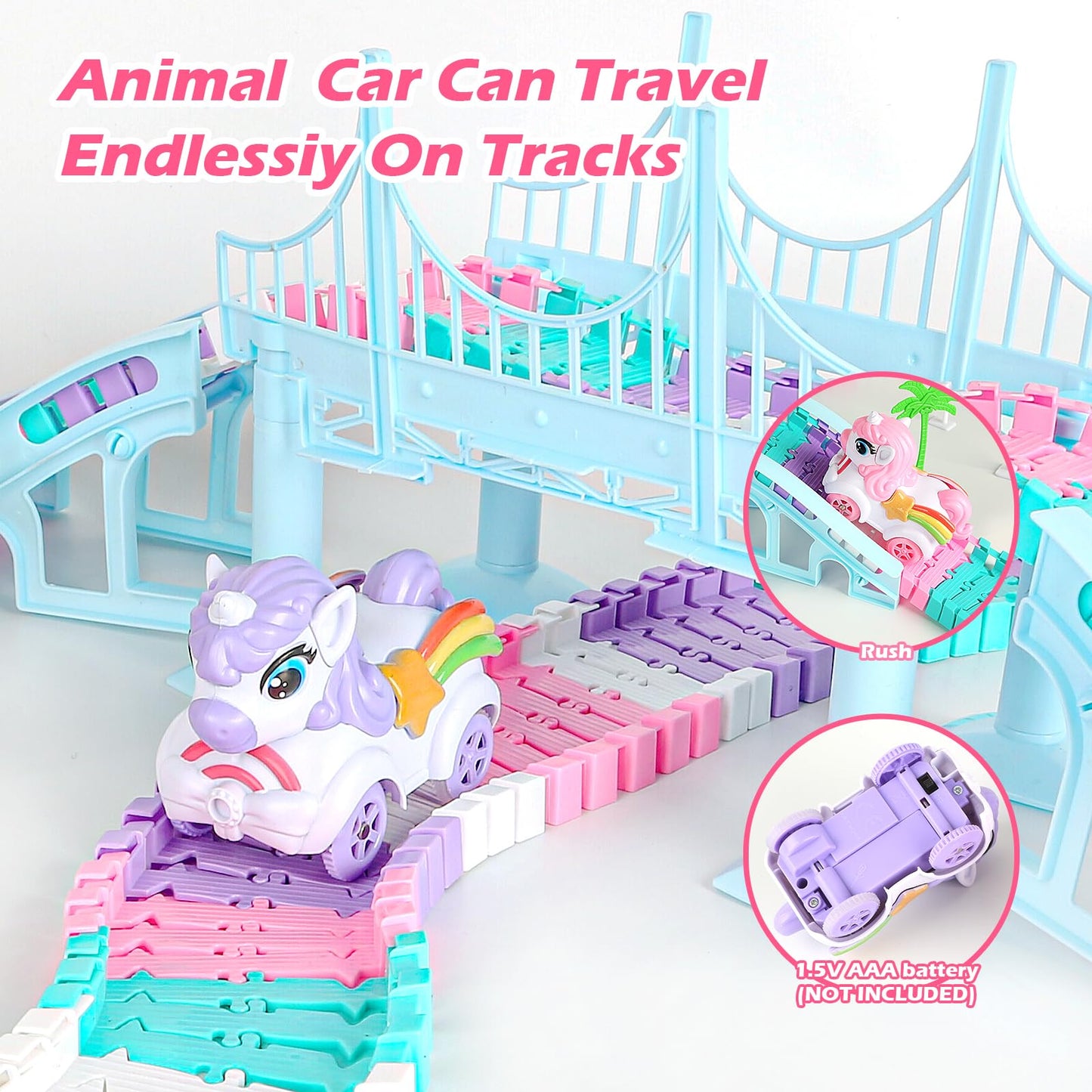 Coroiesty 268-Piece Unicorn Race Tracks Glow-in-the-Dark Toy Set | 2 Unicorn Cars & Flexible DIY Track