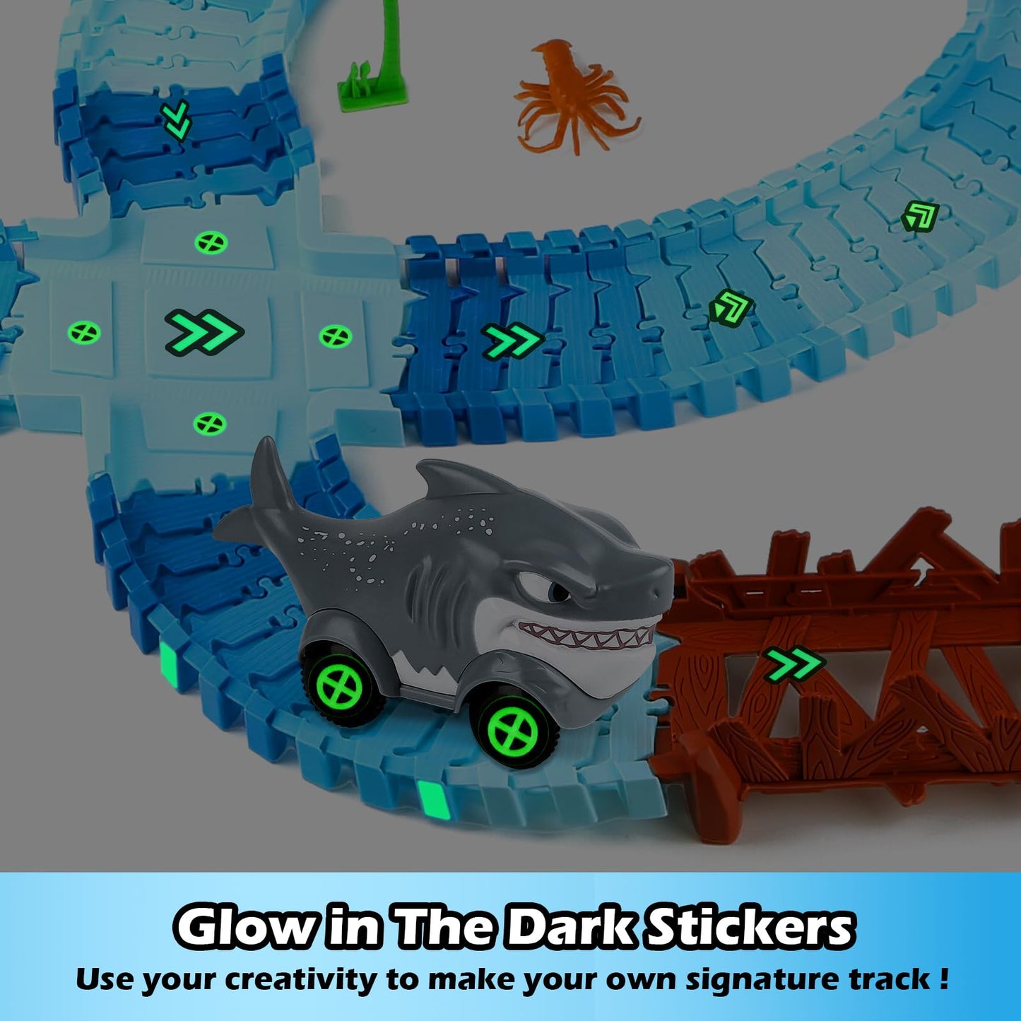 Coroiesty 264 PCS Shark Race Tracks – Glow in the Dark DIY Track Set (2 Shark Cars) for Kids 3-9