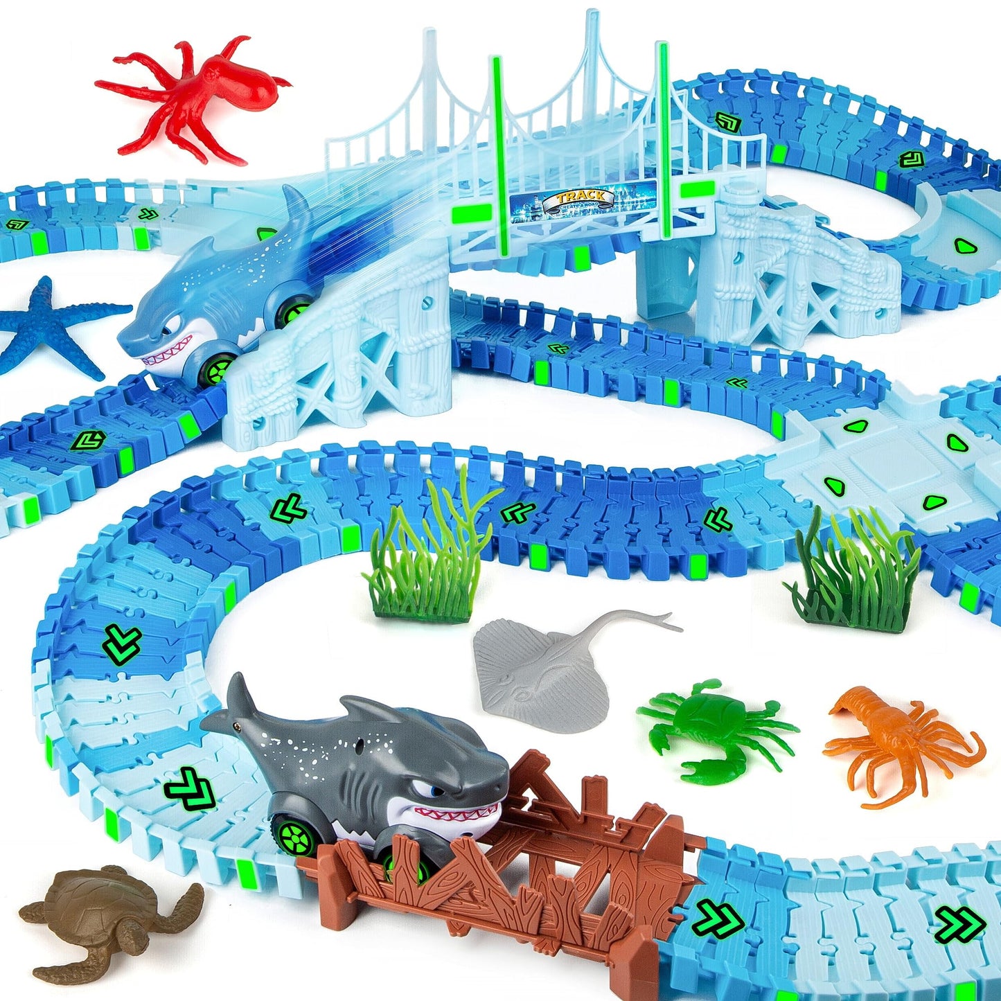 Coroiesty 264 PCS Shark Race Tracks – Glow in the Dark DIY Track Set (2 Shark Cars) for Kids 3-9