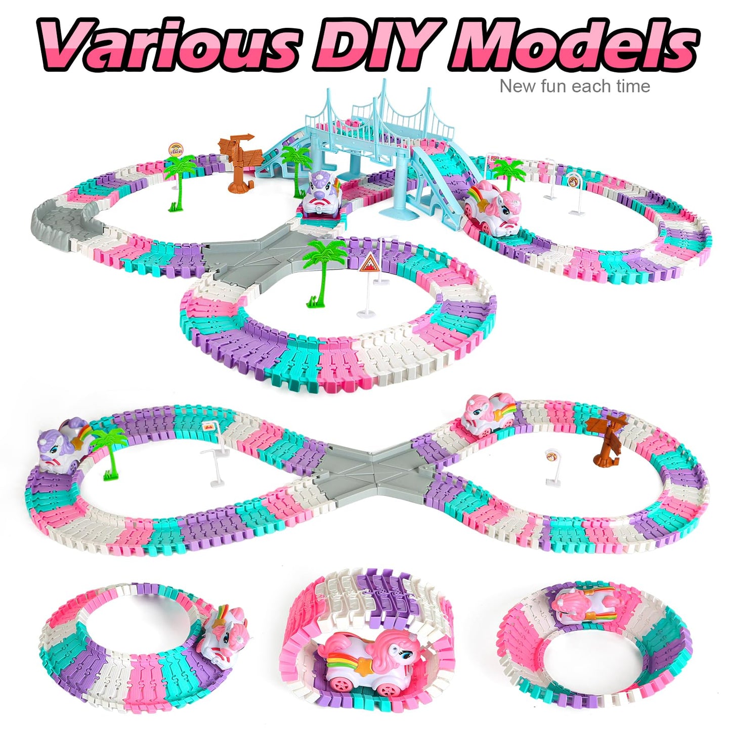 Coroiesty 268-Piece Unicorn Race Tracks Glow-in-the-Dark Toy Set | 2 Unicorn Cars & Flexible DIY Track