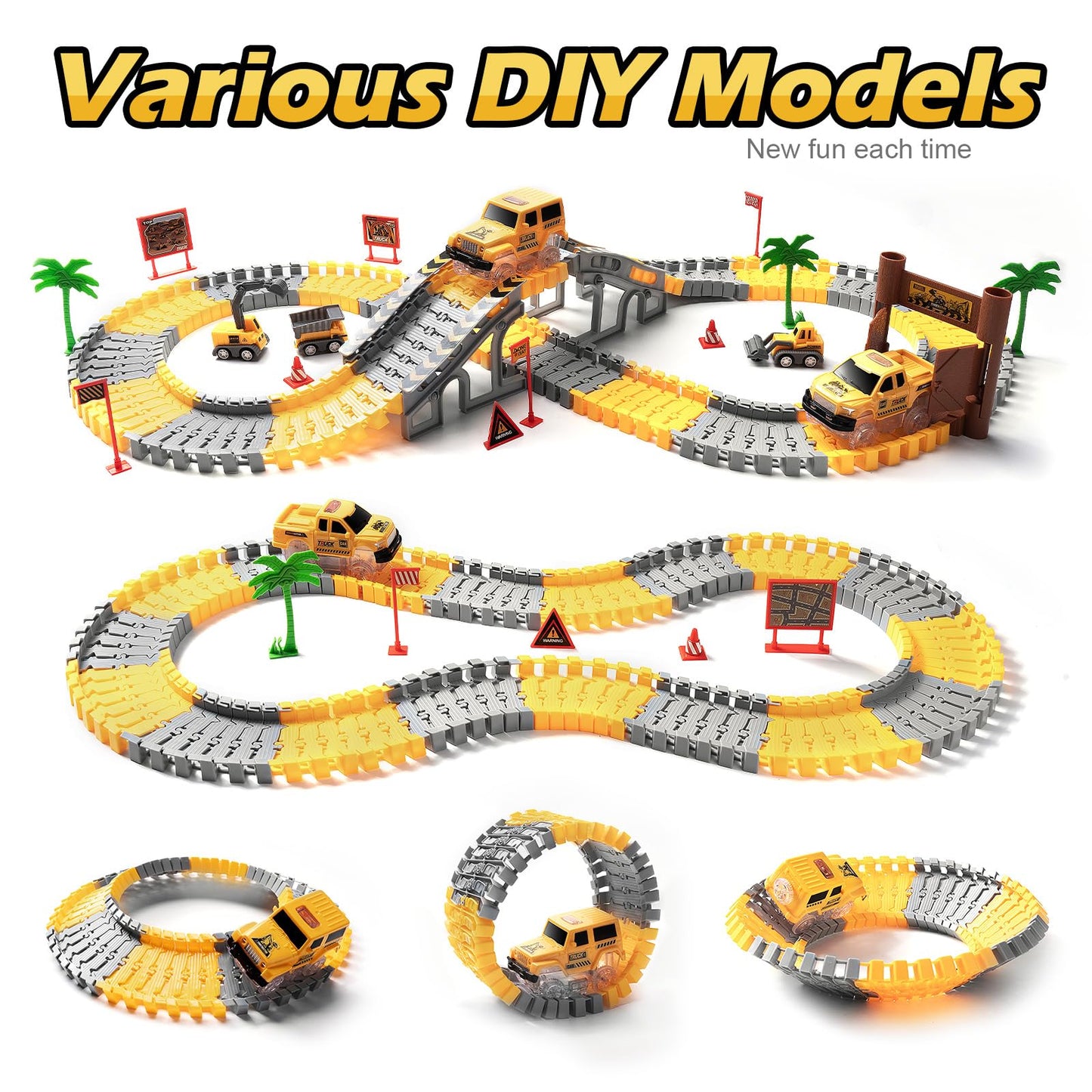 Coroiesty 264 PCS Construction Race Tracks – Glow in the Dark DIY Track Set with 2 Light Up Cars
