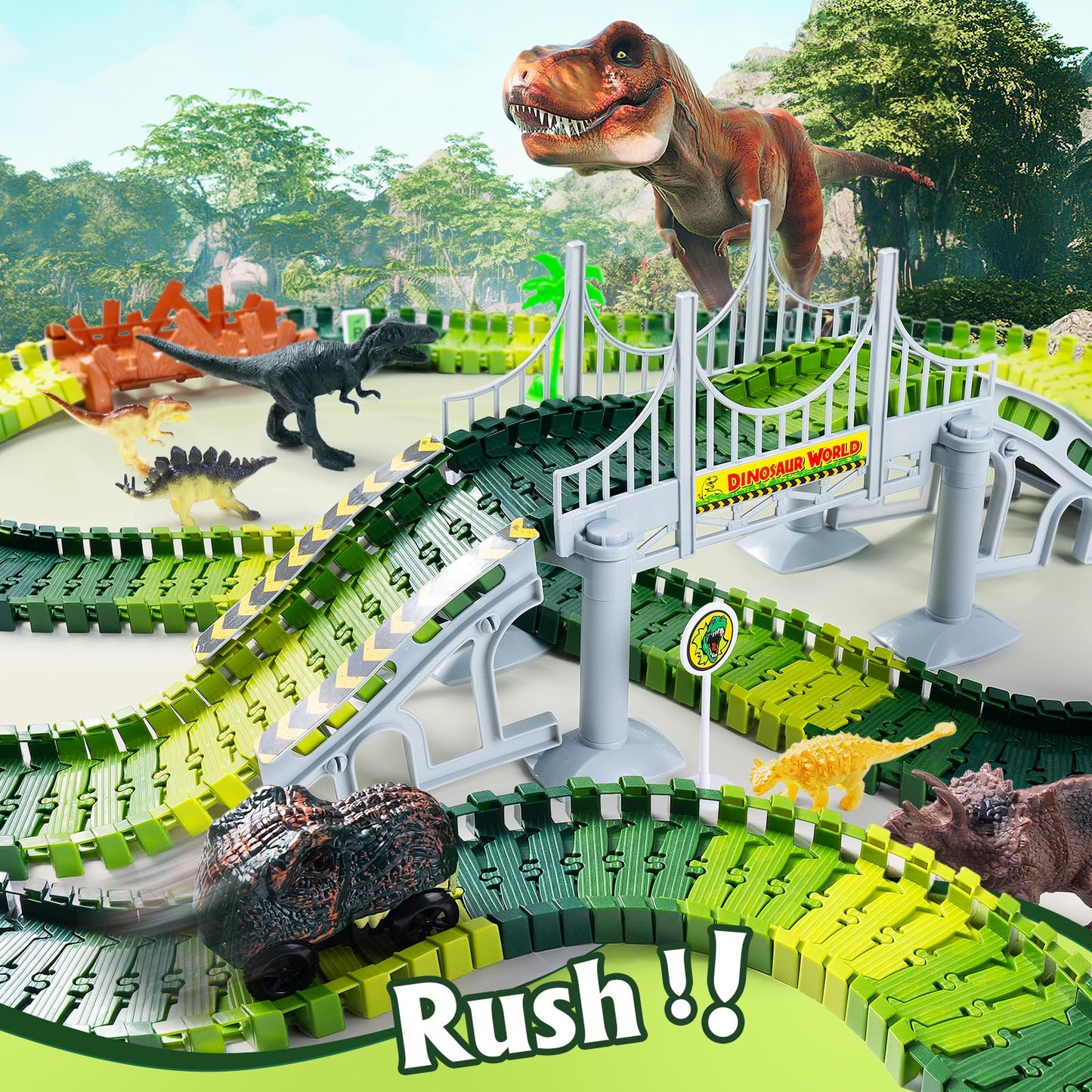 Coroiesty 268 PCS Dinosaur Race Track Glow Set – 2 Cars, Flexible DIY Tracks (Ages 3-9)