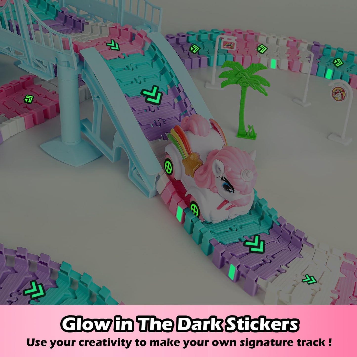 Coroiesty 268-Piece Unicorn Race Tracks Glow-in-the-Dark Toy Set | 2 Unicorn Cars & Flexible DIY Track
