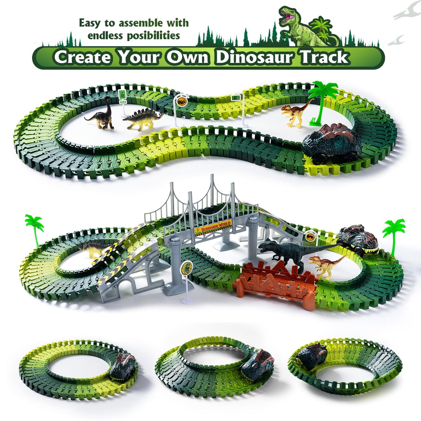 Coroiesty 268 PCS Dinosaur Race Track Glow Set – 2 Cars, Flexible DIY Tracks (Ages 3-9)