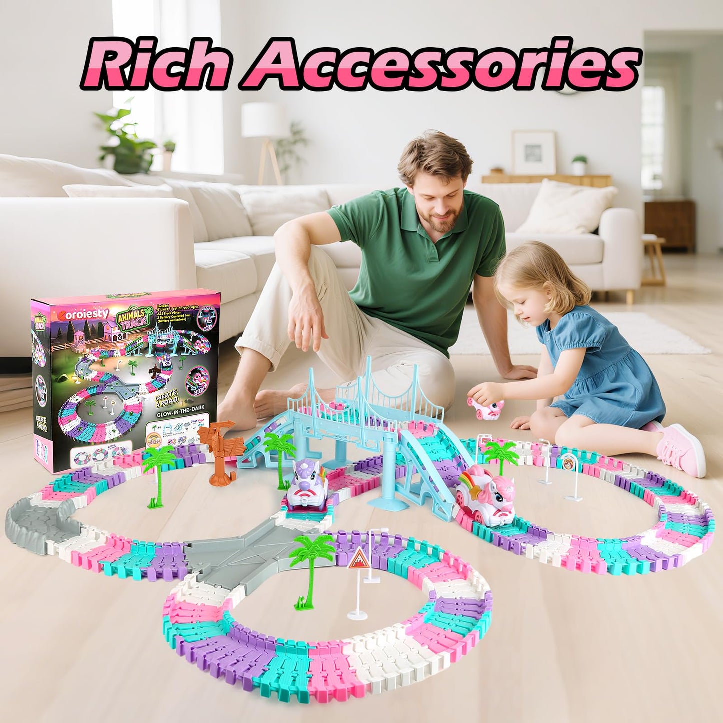 Coroiesty 268-Piece Unicorn Race Tracks Glow-in-the-Dark Toy Set | 2 Unicorn Cars & Flexible DIY Track