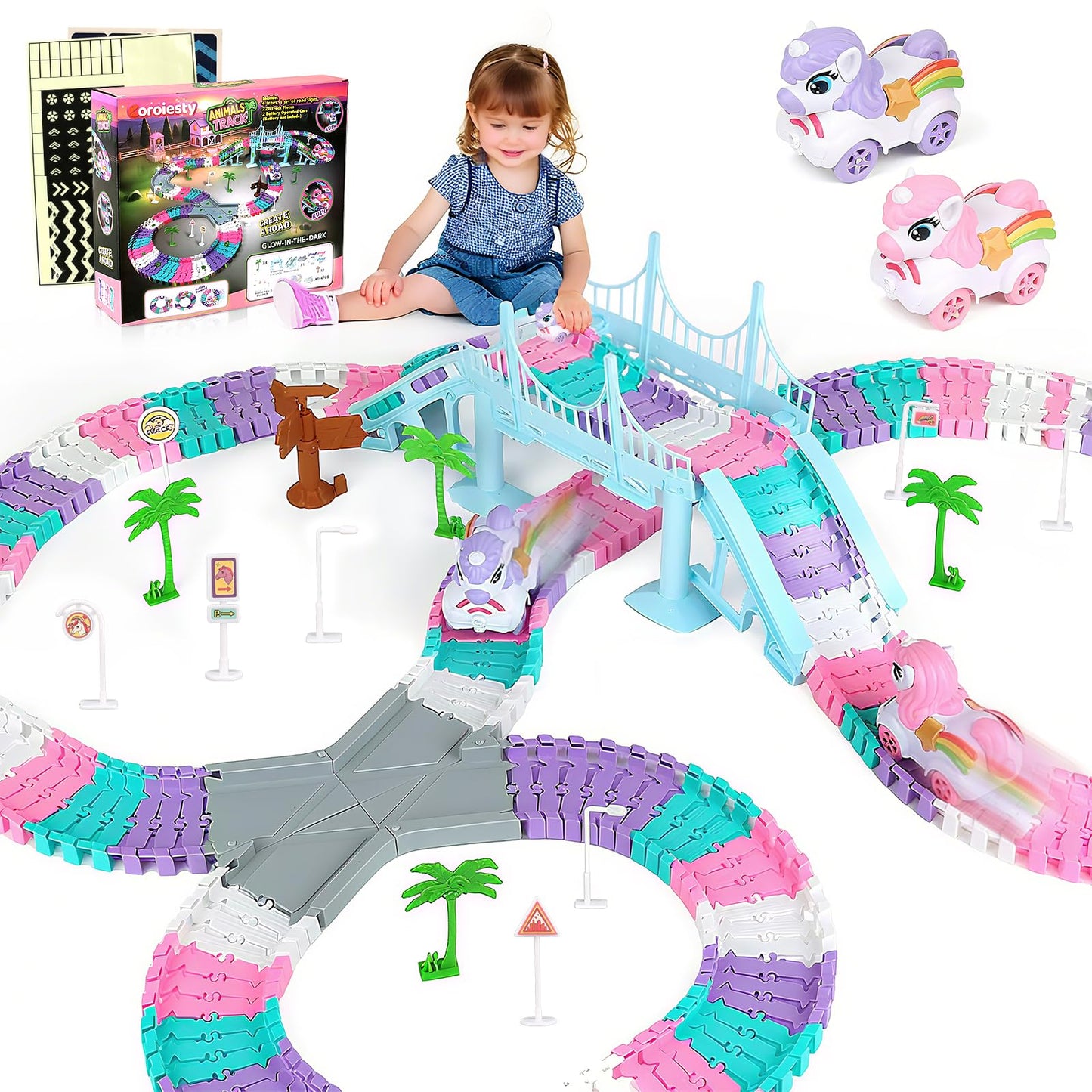 Coroiesty 268-Piece Unicorn Race Tracks Glow-in-the-Dark Toy Set | 2 Unicorn Cars & Flexible DIY Track