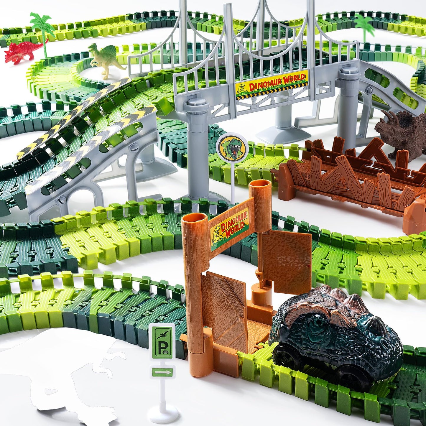 Coroiesty 268 PCS Dinosaur Race Track Glow Set – 2 Cars, Flexible DIY Tracks (Ages 3-9)