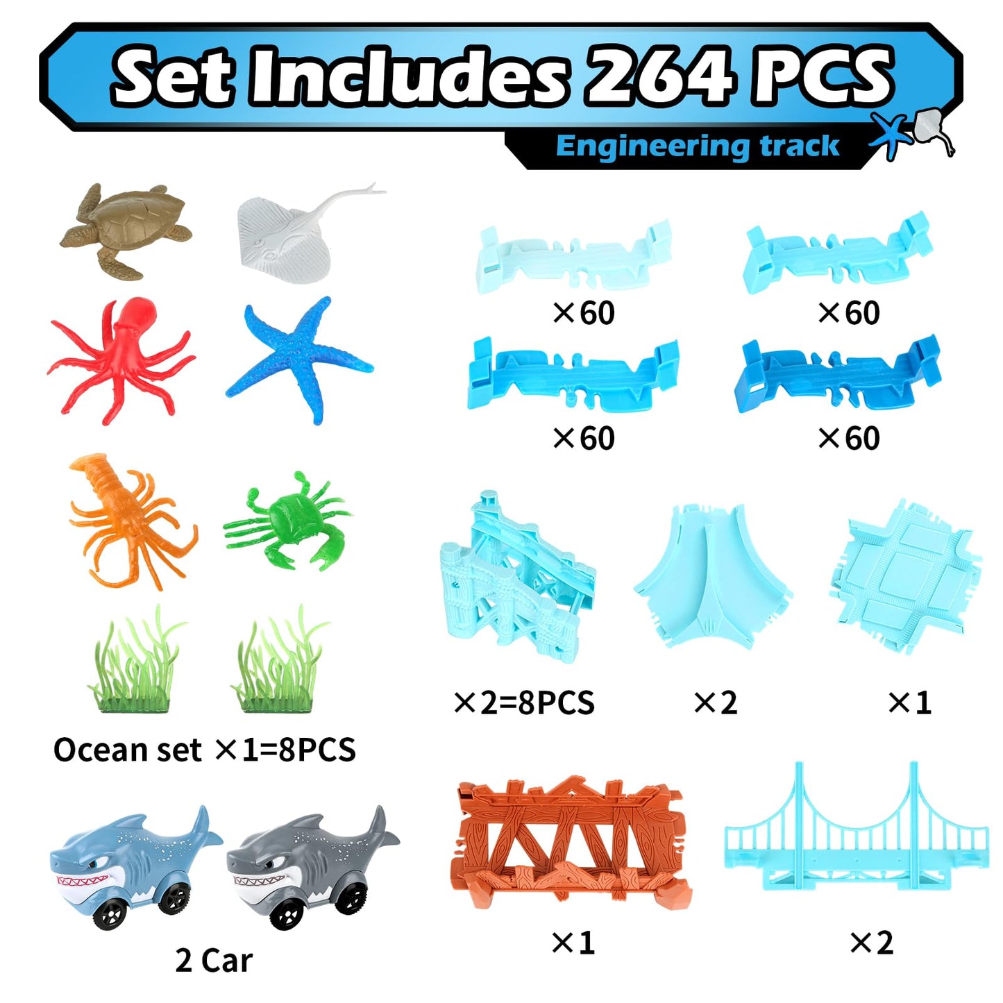 Coroiesty 264 PCS Shark Race Tracks – Glow in the Dark DIY Track Set (2 Shark Cars) for Kids 3-9