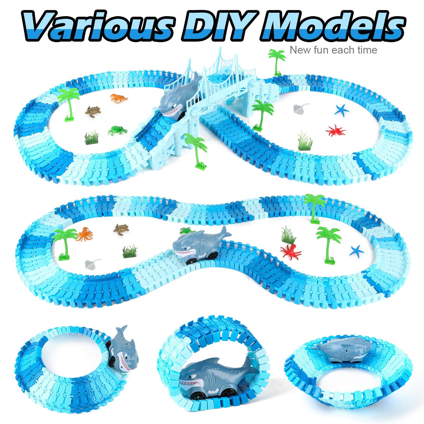 Coroiesty 264 PCS Shark Race Tracks – Glow in the Dark DIY Track Set (2 Shark Cars) for Kids 3-9