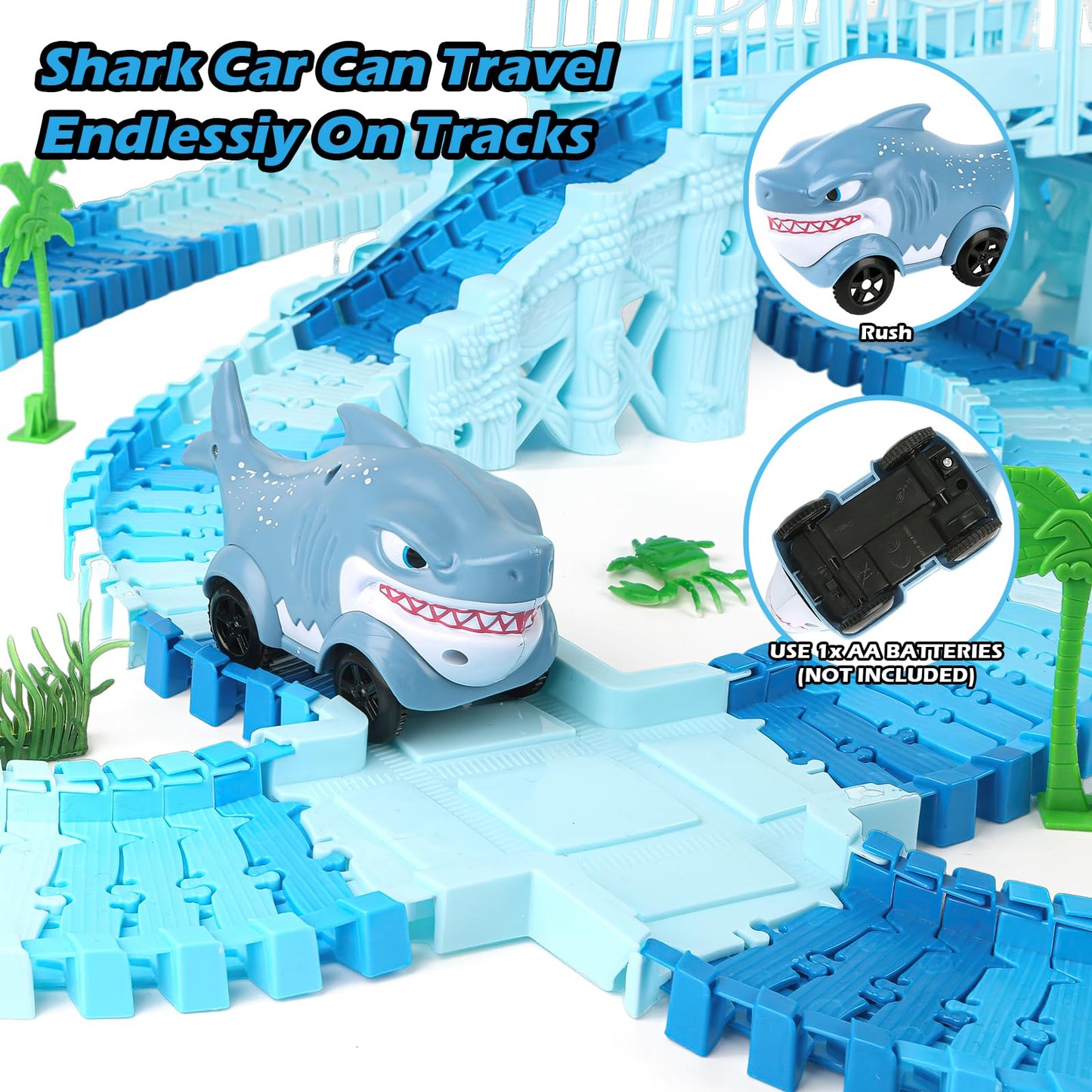Coroiesty 264 PCS Shark Race Tracks – Glow in the Dark DIY Track Set (2 Shark Cars) for Kids 3-9
