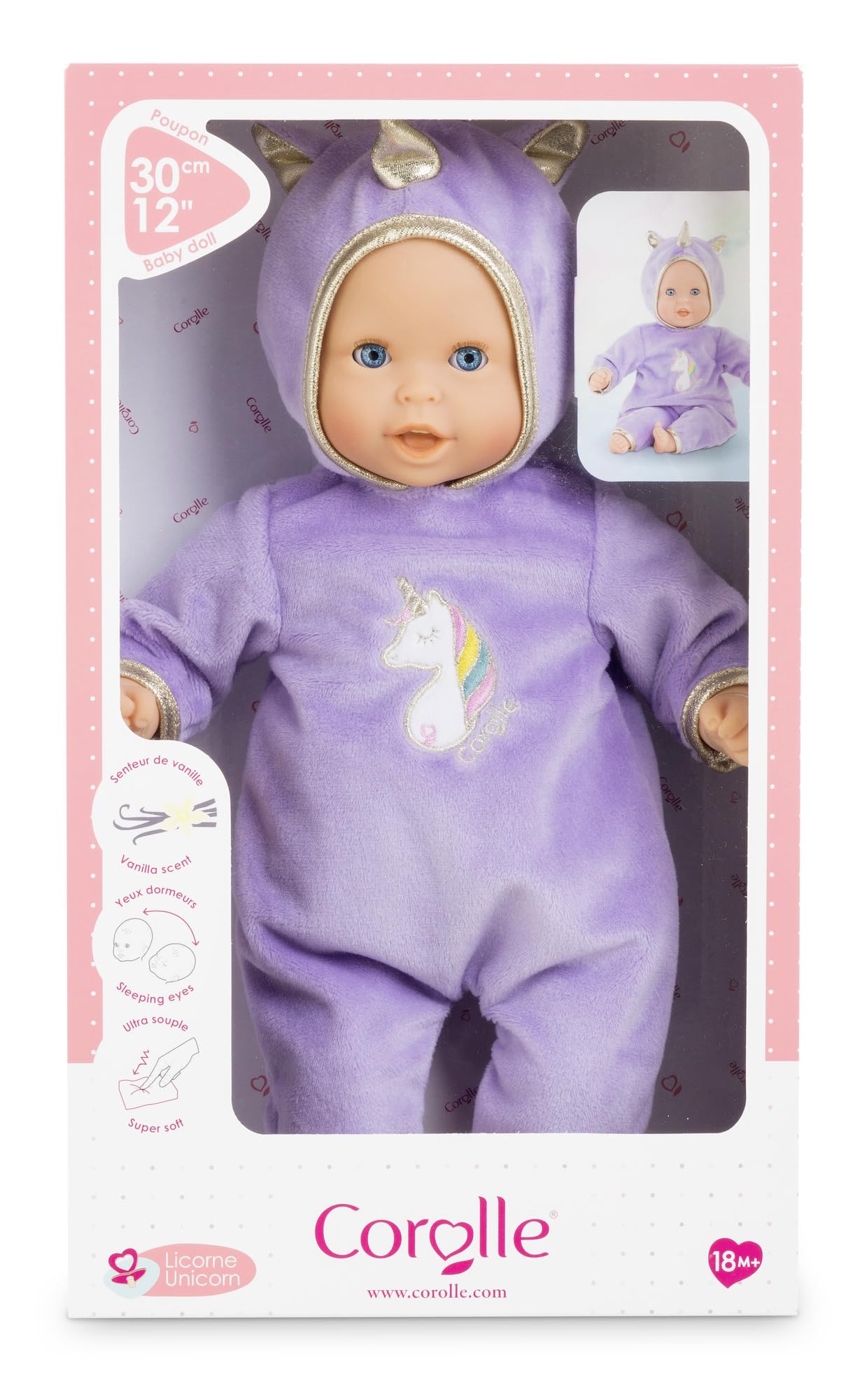 Corolle Bebe Calin Unicorn 12-inch Soft Body Doll - Vanilla Scent, Sleeping Eyes