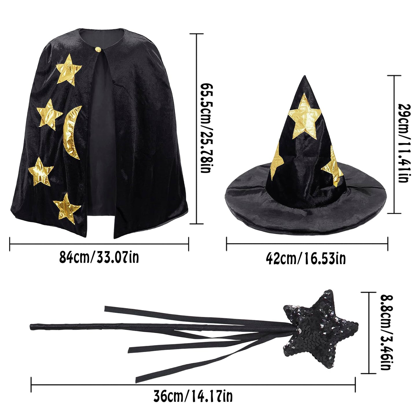CosInStyle Kids Wizard Cape with Hat & Wand - Black Halloween Costume for Boys & Girls