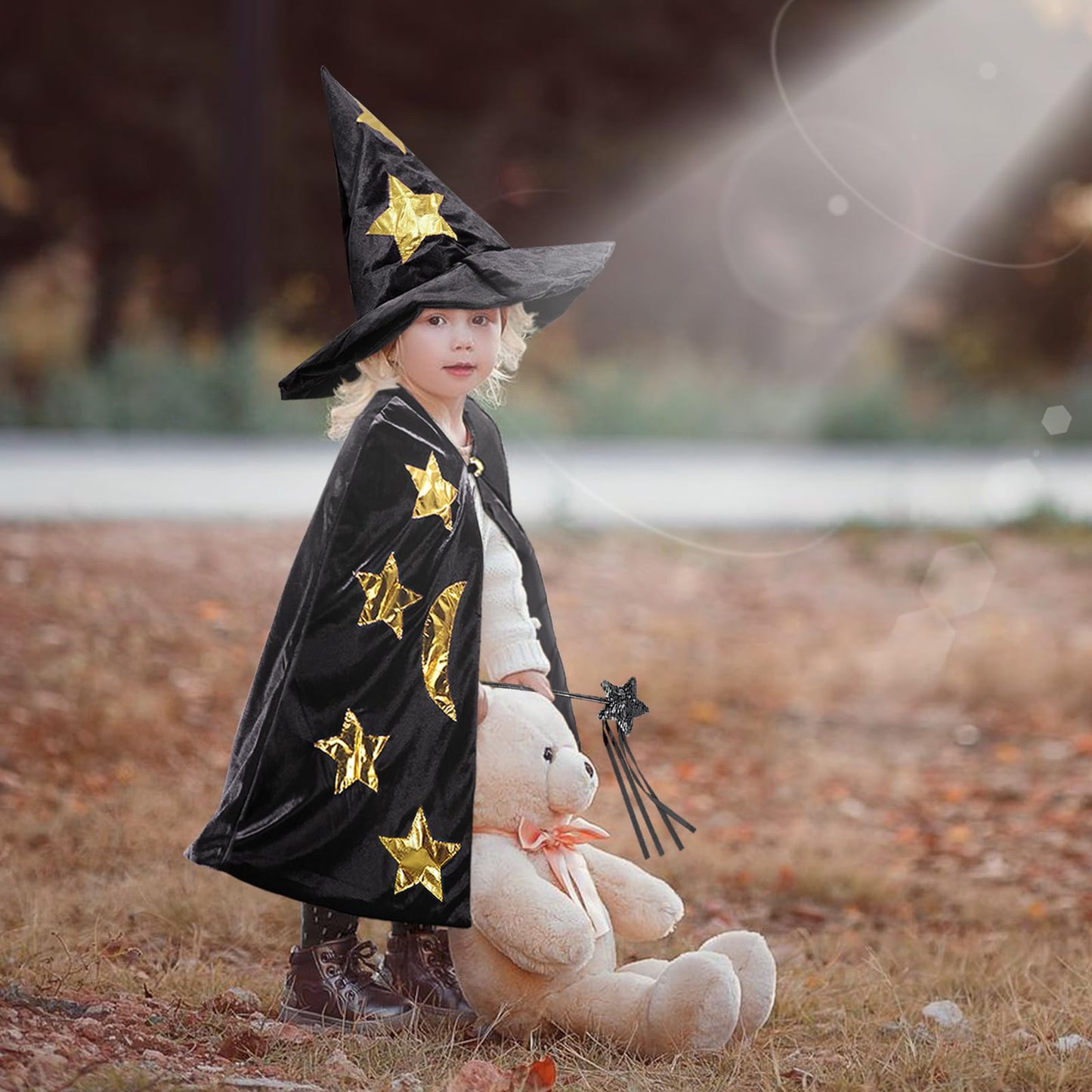 CosInStyle Kids Wizard Cape with Hat & Wand - Black Halloween Costume for Boys & Girls