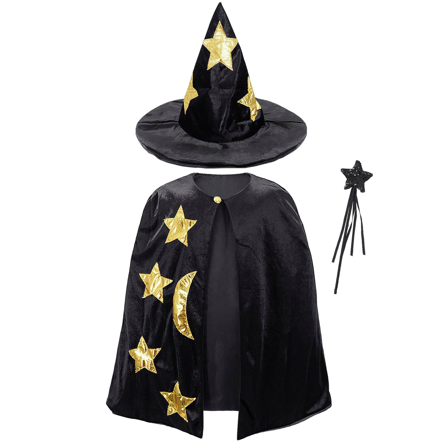 CosInStyle Kids Wizard Cape with Hat & Wand - Black Halloween Costume for Boys & Girls