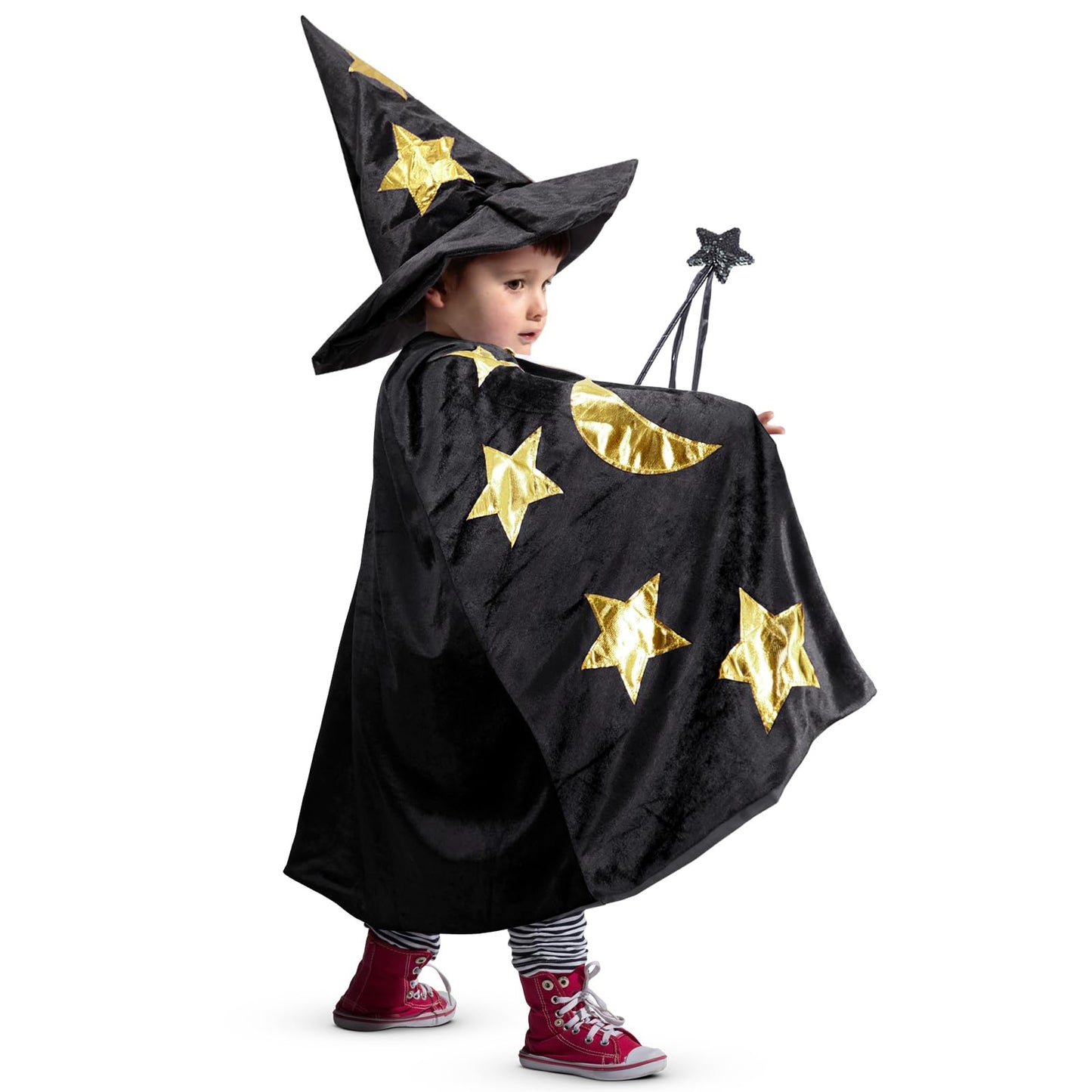 CosInStyle Kids Wizard Cape with Hat & Wand - Black Halloween Costume for Boys & Girls