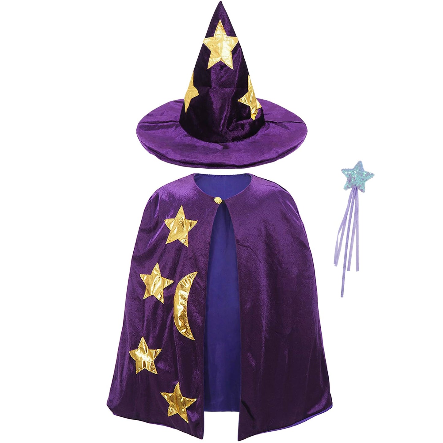 CosInStyle Kids Wizard Cloak with Hat & Wand – Purple Halloween Costume