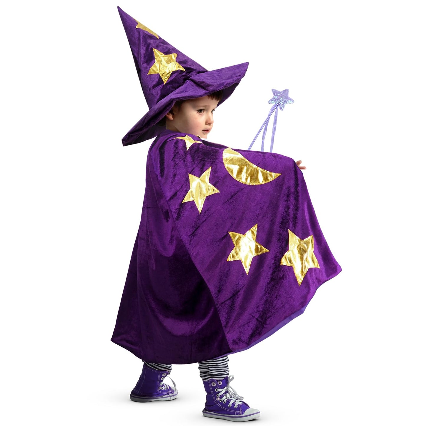 CosInStyle Kids Wizard Cloak with Hat & Wand – Purple Halloween Costume