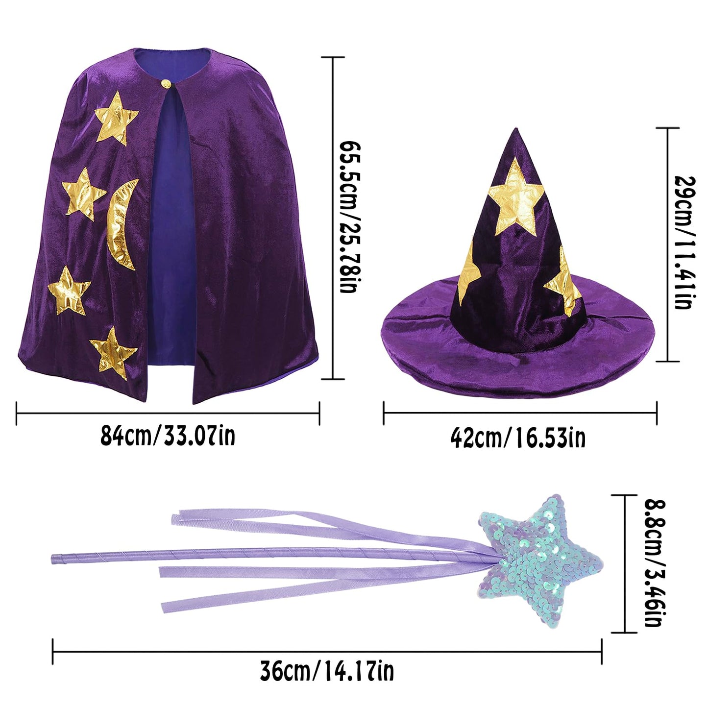 CosInStyle Kids Wizard Cloak with Hat & Wand – Purple Halloween Costume