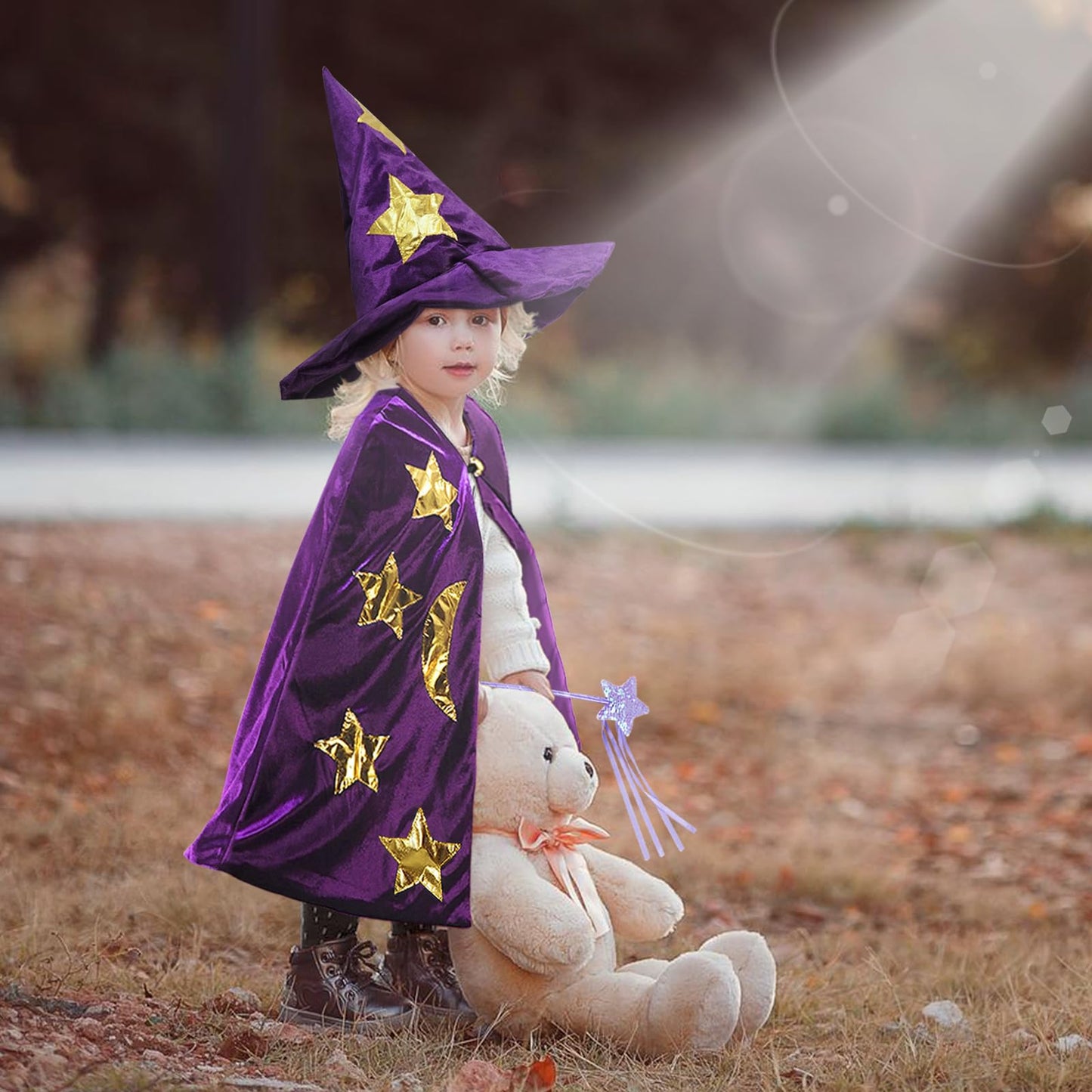 CosInStyle Kids Wizard Cloak with Hat & Wand – Purple Halloween Costume