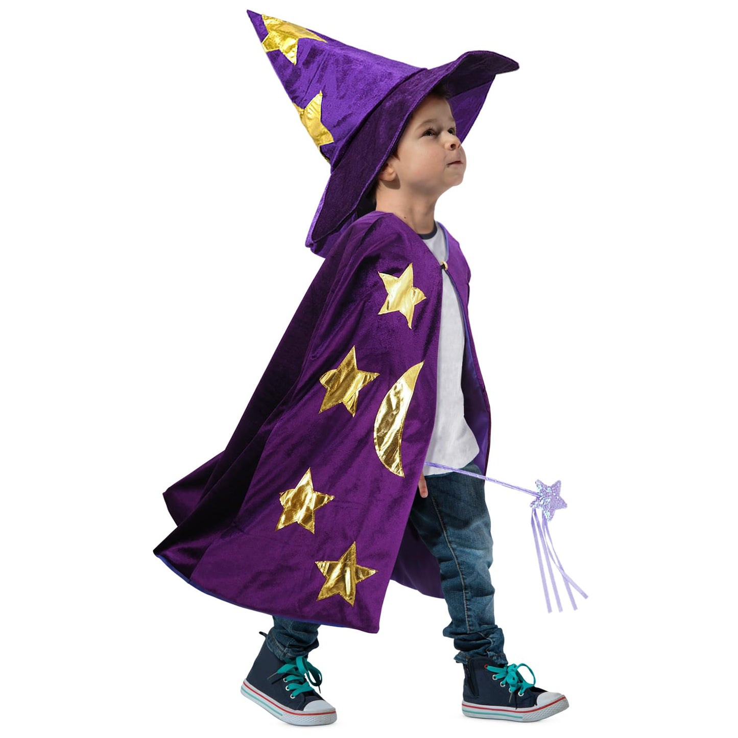 CosInStyle Kids Wizard Cloak with Hat & Wand – Purple Halloween Costume