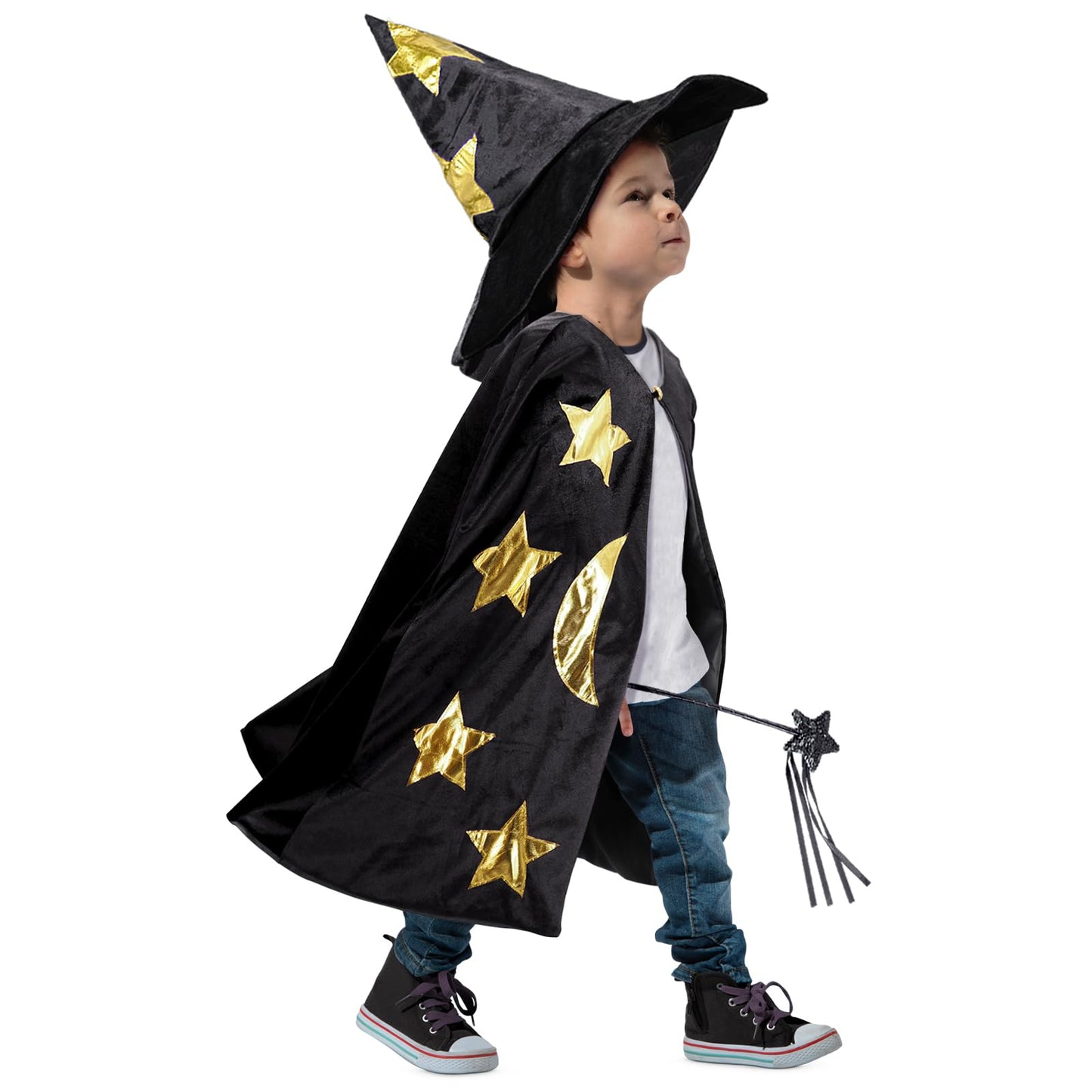 CosInStyle Kids Wizard Cape with Hat & Wand - Black Halloween Costume for Boys & Girls