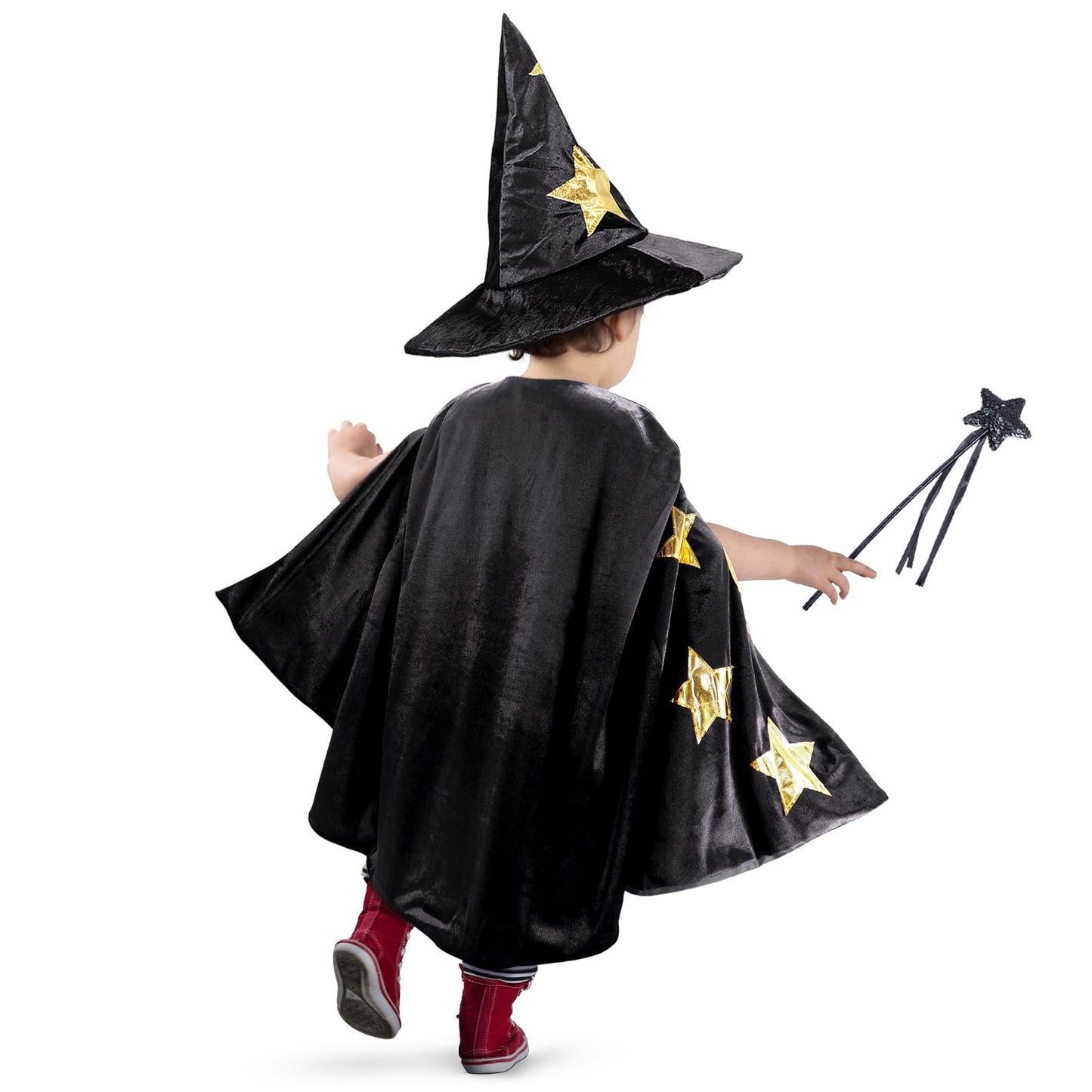 CosInStyle Kids Wizard Cape with Hat & Wand - Black Halloween Costume for Boys & Girls