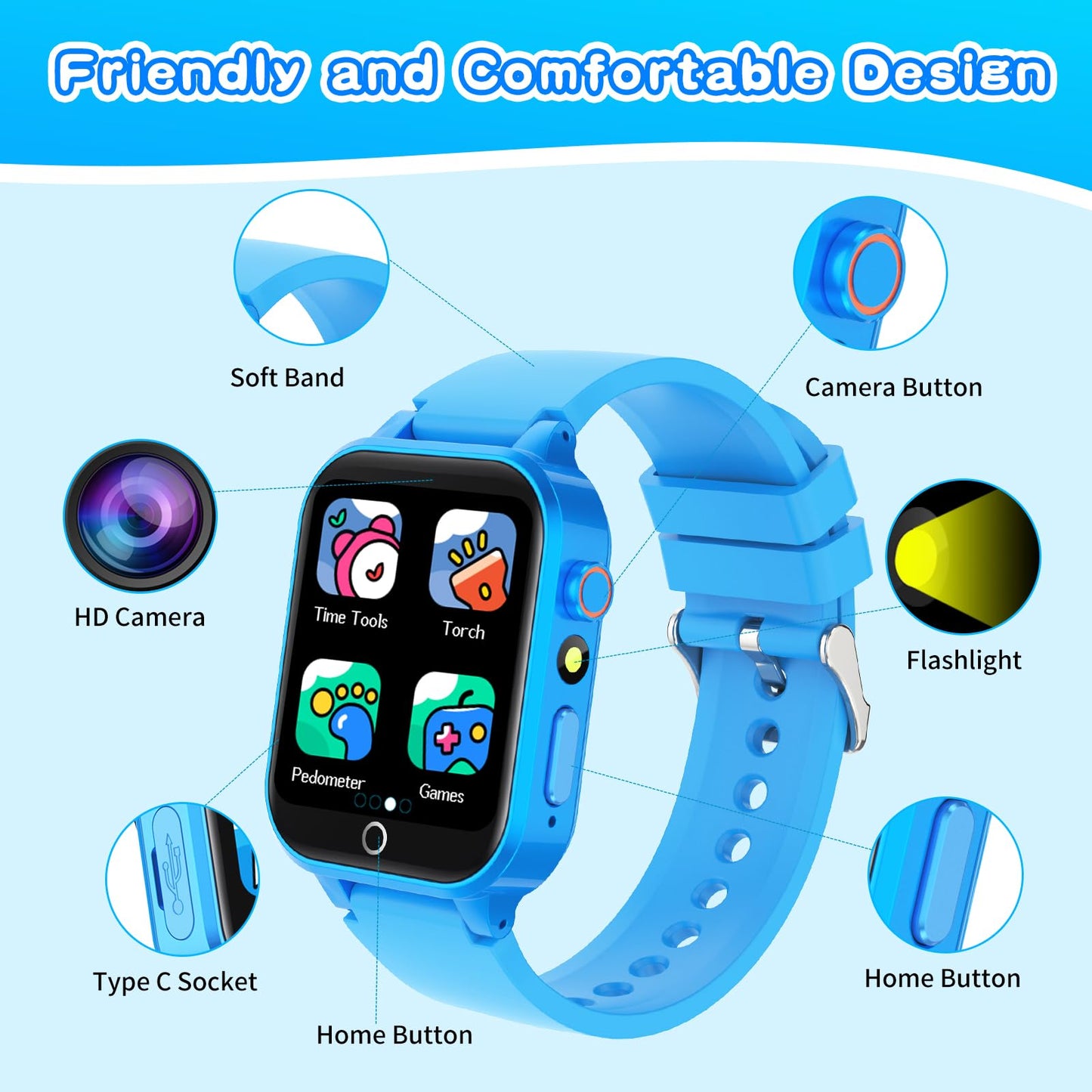 Cosjoype Kids Smart Watch – 26 Puzzle Games, HD Camera, Habit Tracking, 12/24h – Gift for 5-12 Year Olds