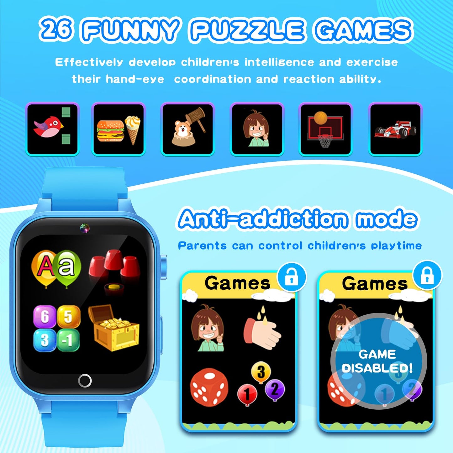 Cosjoype Kids Smart Watch – 26 Puzzle Games, HD Camera, Habit Tracking, 12/24h – Gift for 5-12 Year Olds