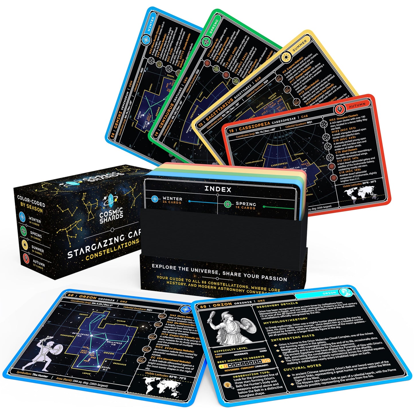 COSMIC SHARDS Stargazing Cards – Constellations: 88 Flashcards with Star Maps, Mythology, History & Practical Tips