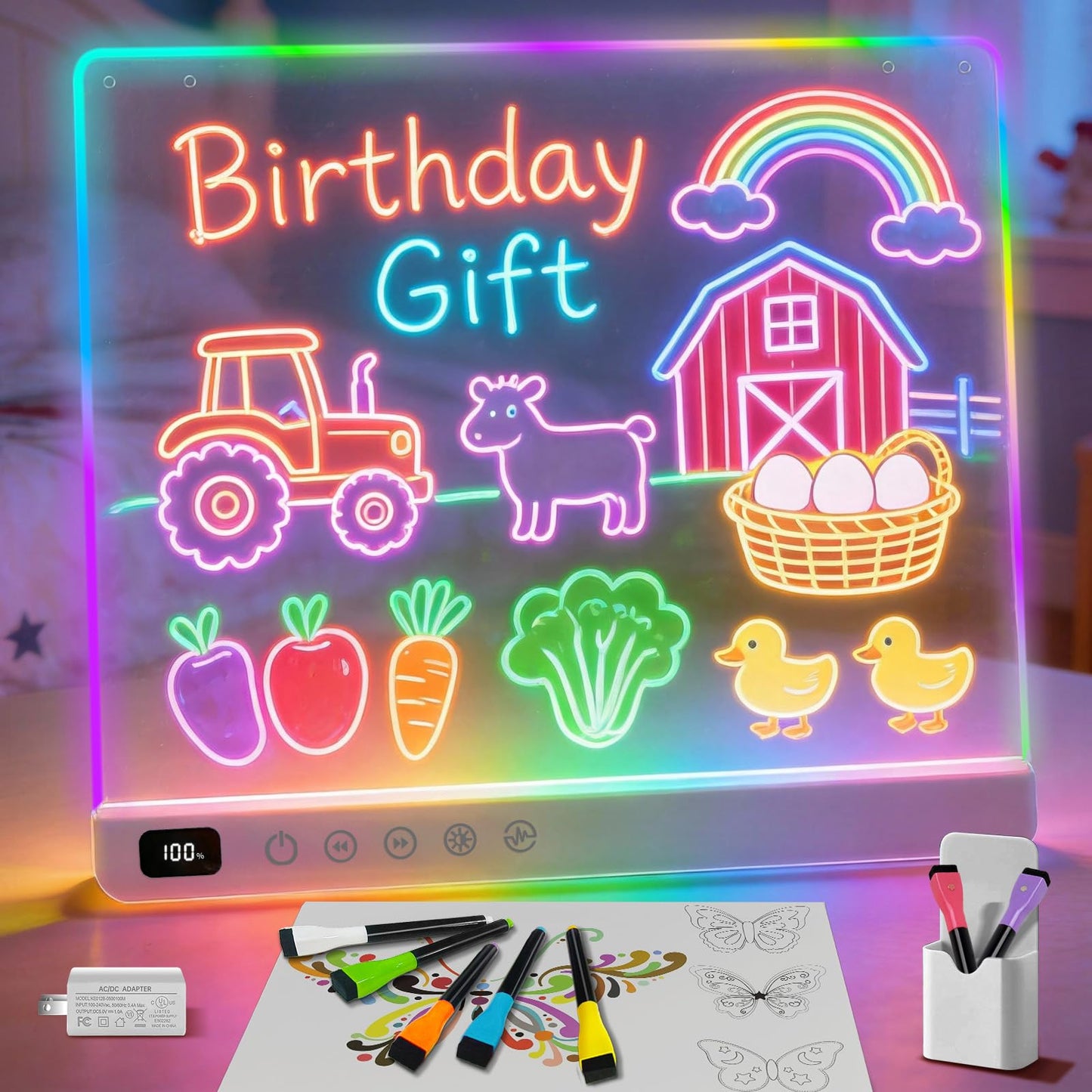 Cosmody Rechargeable LED Drawing Board for Kids – 13-Inch Neon Art Pad with 8 Colors, 6 Modes, Tracing Book & 7 Markers