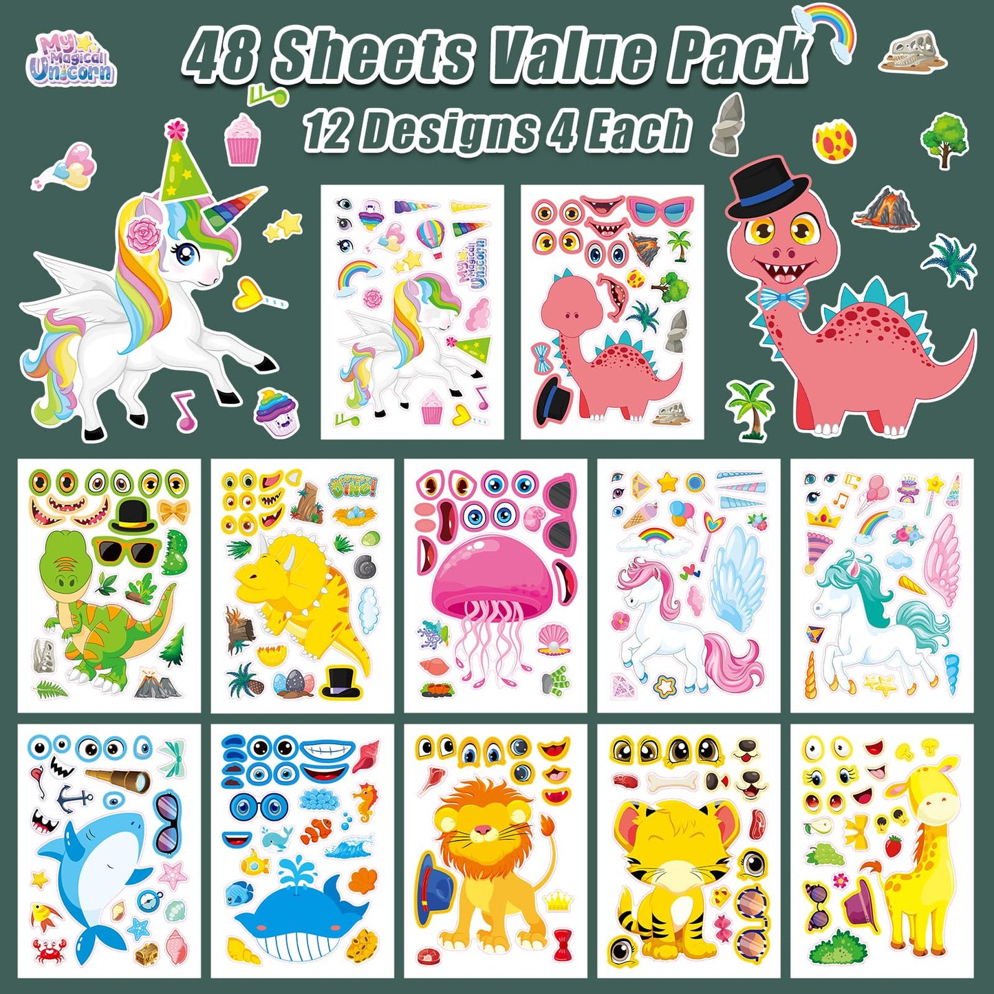 Cosomia 48 Sheets Create Funny Mixed Animals Stickers – Face Sticker Set for Kids 3+