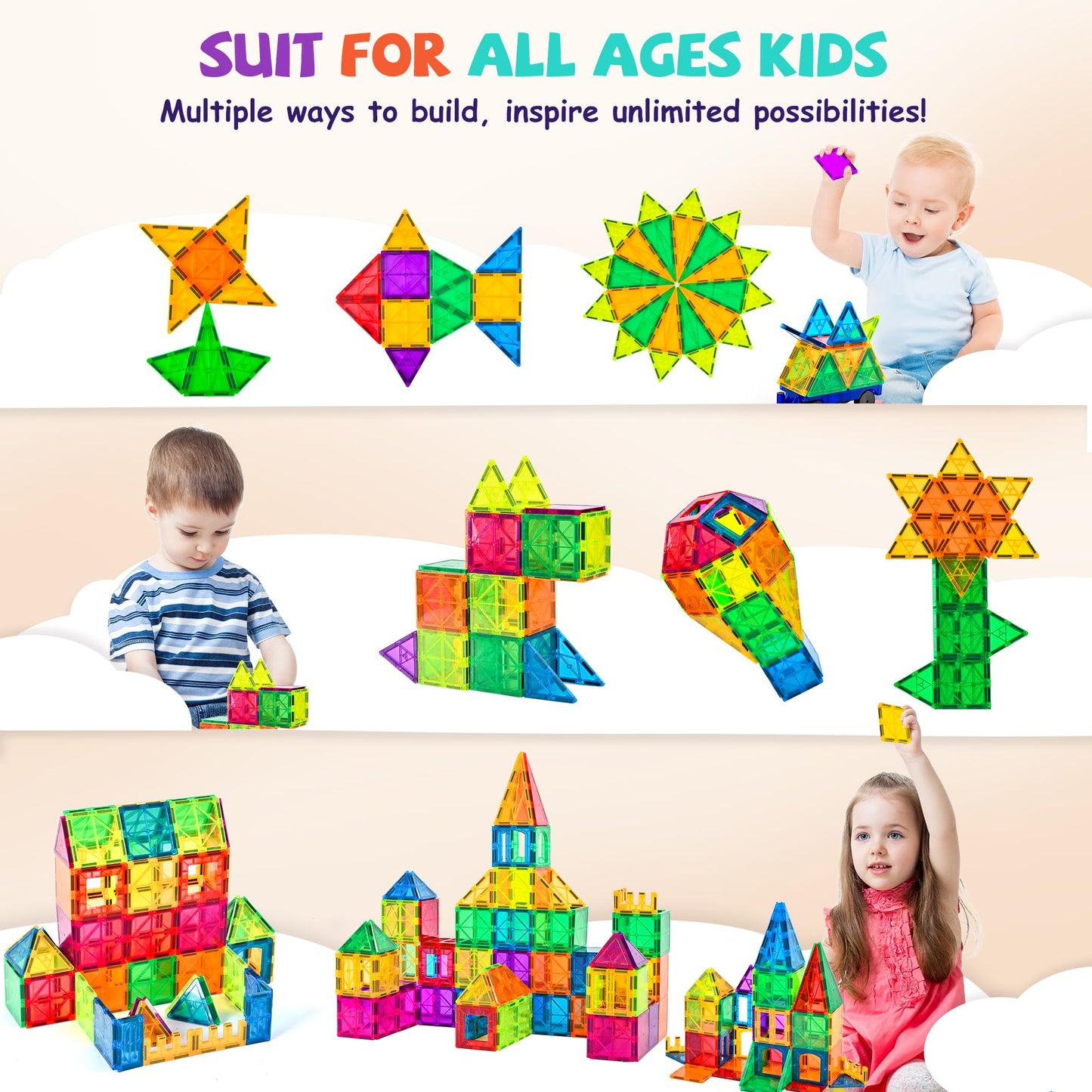 Cossy 60 Pcs Magnet Tiles - Educational 3D Building Blocks with Stronger Magnets & Rivet Reinforcement