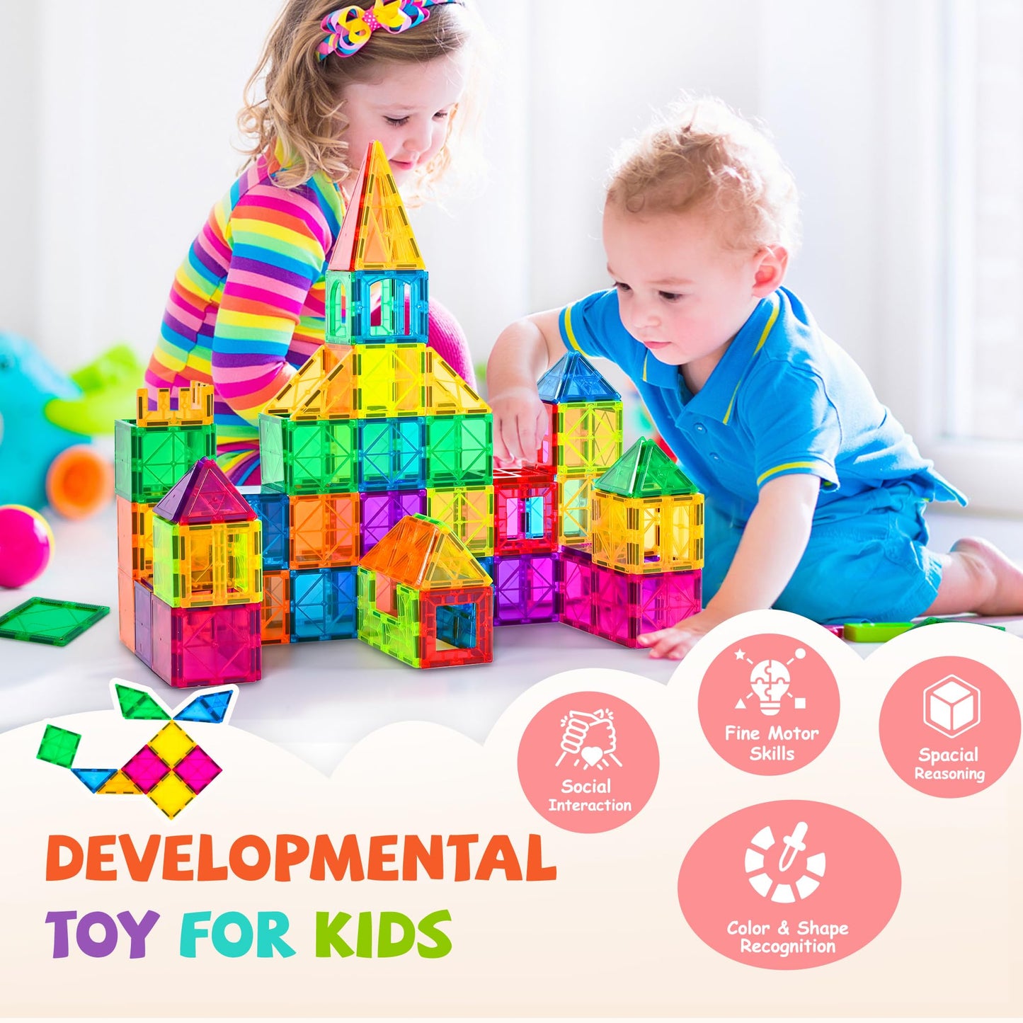 Cossy 60 Pcs Magnet Tiles - Educational 3D Building Blocks with Stronger Magnets & Rivet Reinforcement