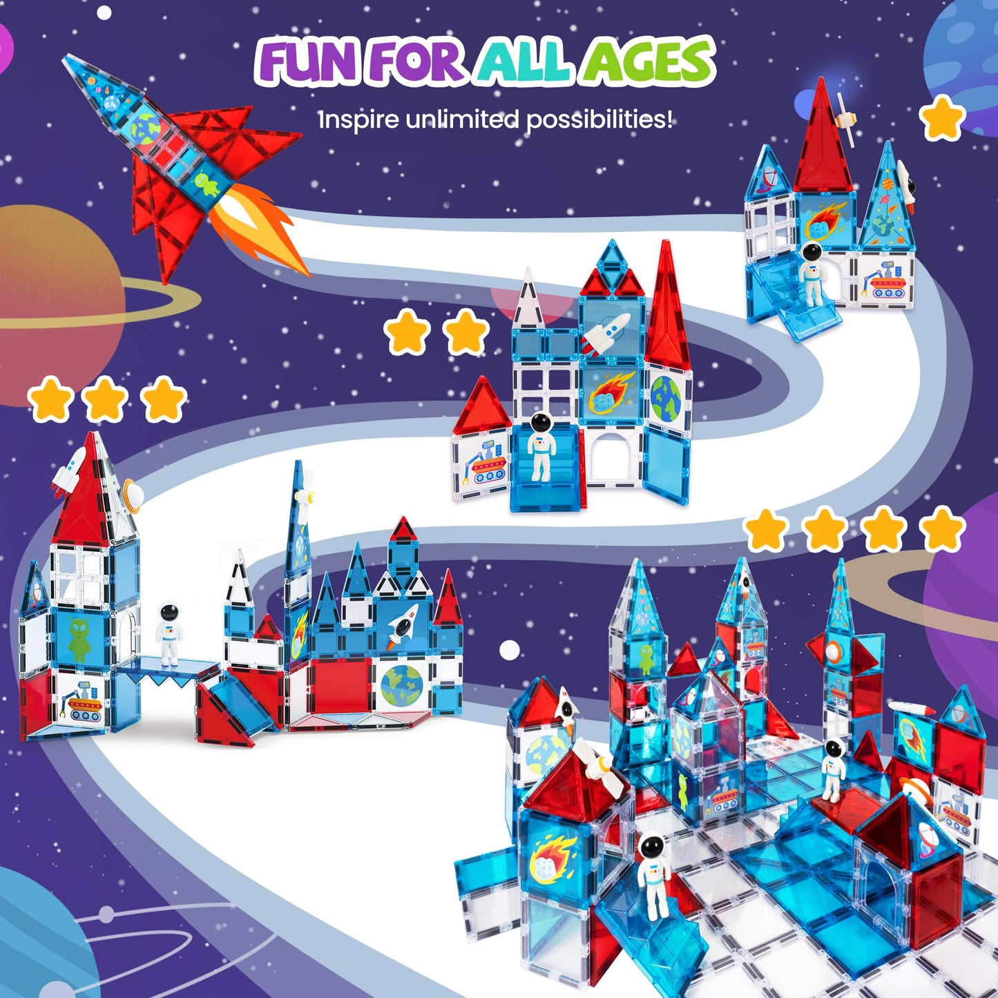 Cossy Magnetic Tiles Space Set – STEM Toy for Kids 4-8 (Astronaut, Rocket, Planets)