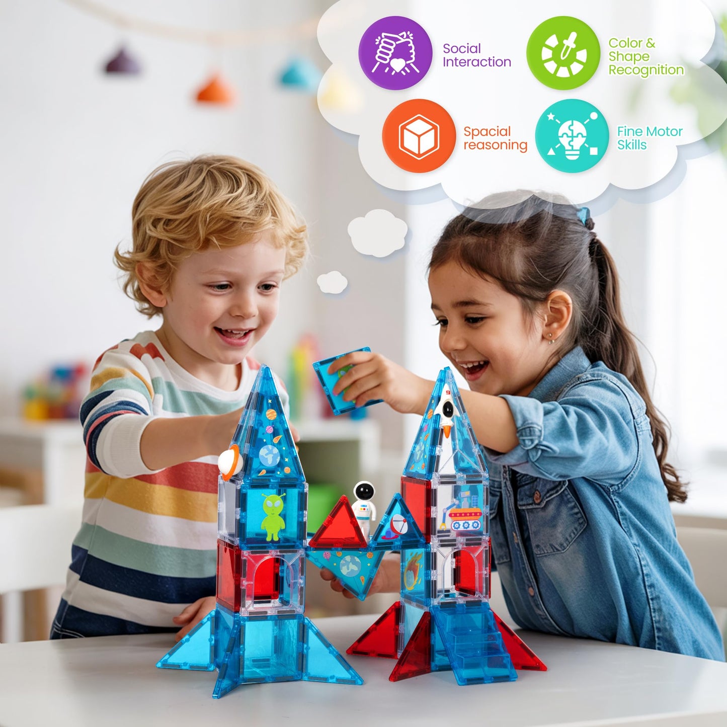 Cossy Magnetic Tiles Space Set – STEM Toy for Kids 4-8 (Astronaut, Rocket, Planets)