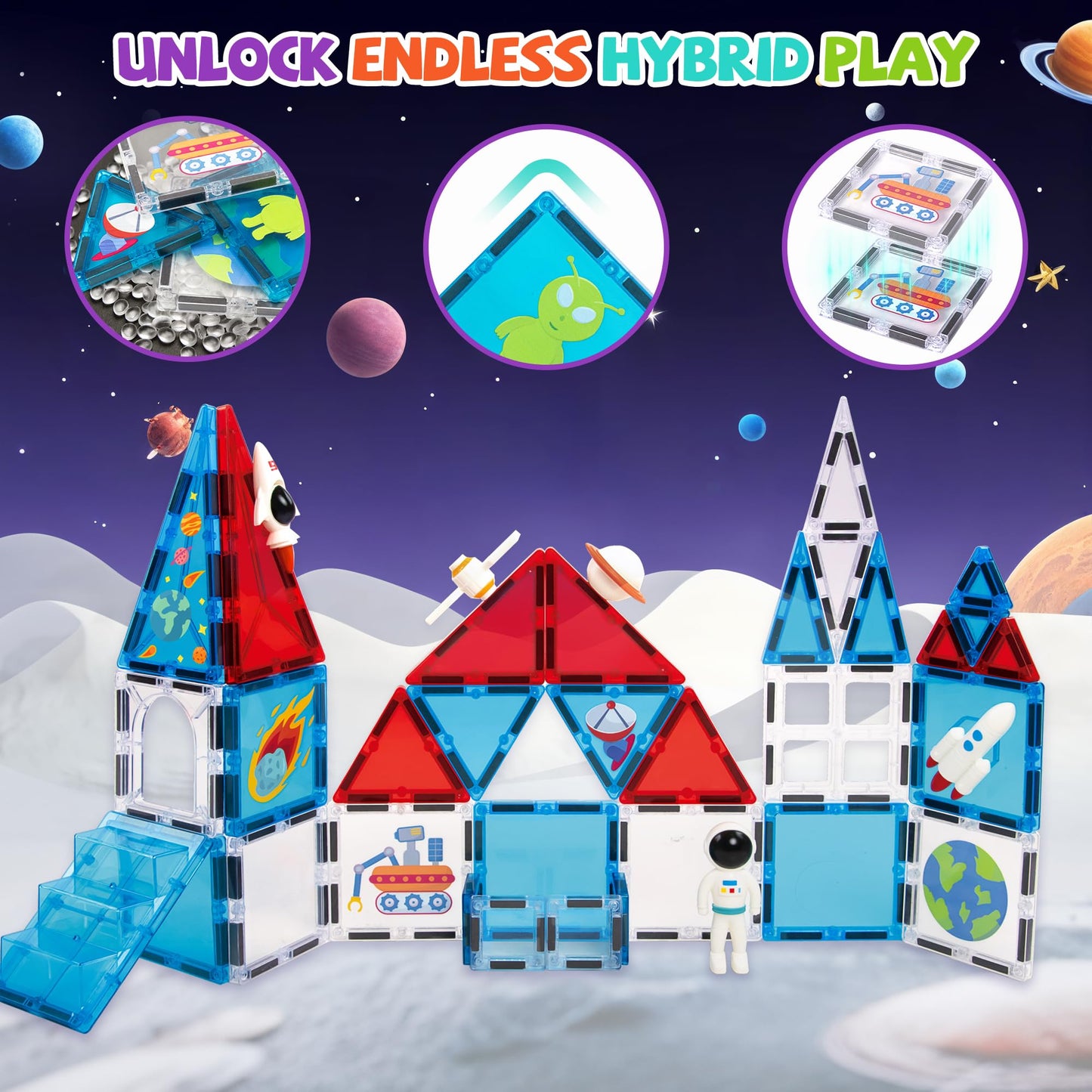 Cossy Magnetic Tiles Space Set – STEM Toy for Kids 4-8 (Astronaut, Rocket, Planets)