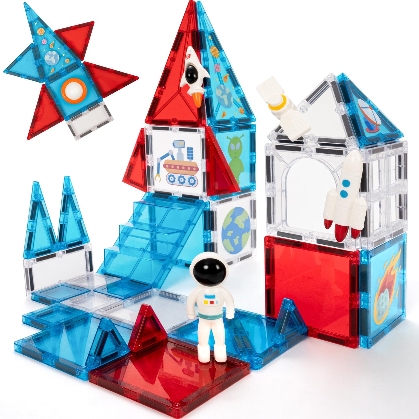 Cossy Magnetic Tiles Space Set – STEM Toy for Kids 4-8 (Astronaut, Rocket, Planets)