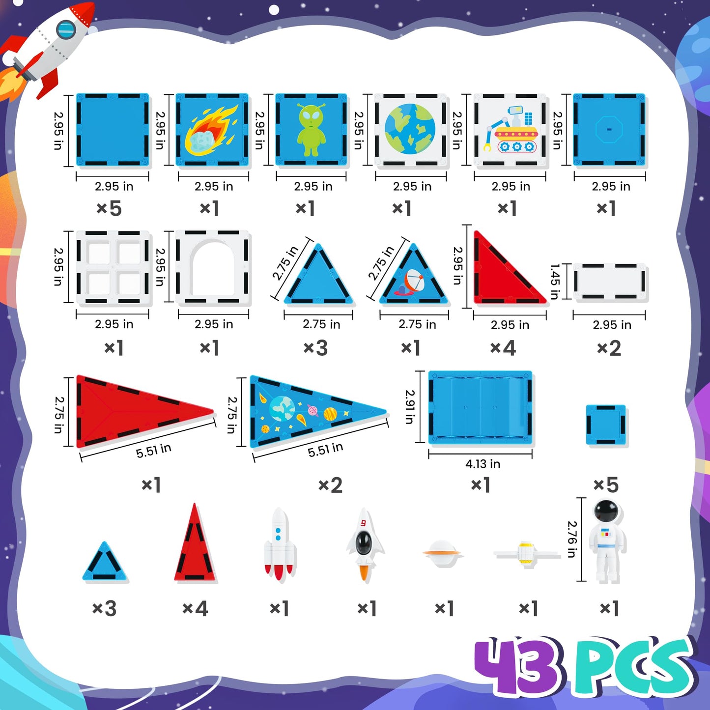 Cossy Magnetic Tiles Space Set – STEM Toy for Kids 4-8 (Astronaut, Rocket, Planets)