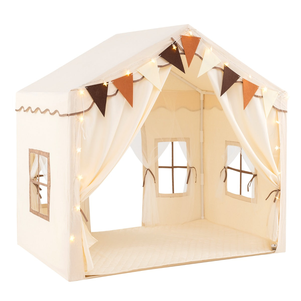 3-4 Kids Large Play Tent House with 2 Opening Doors  Star Lights and Plaid Pennants-Grey