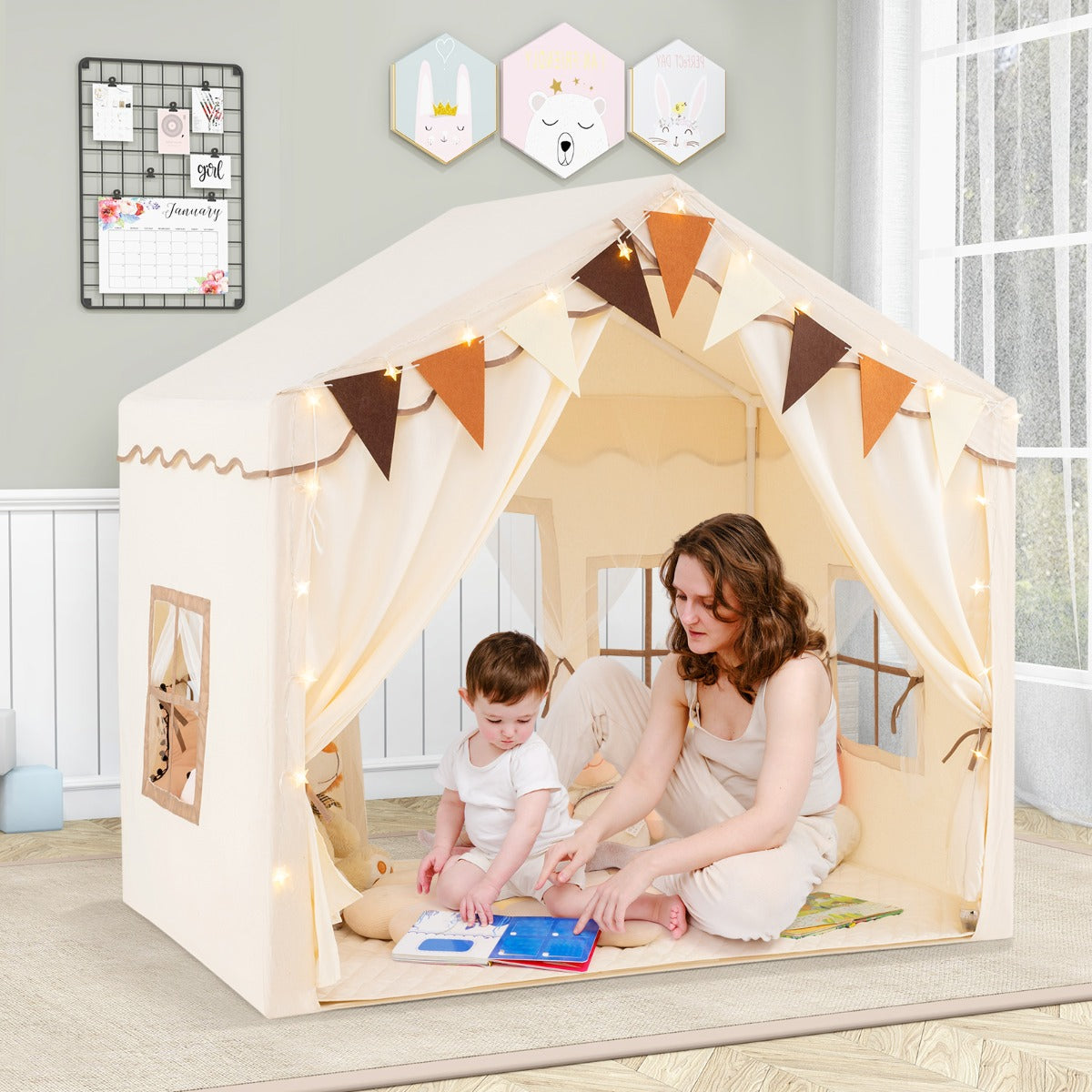 3-4 Kids Large Play Tent House with 2 Opening Doors  Star Lights and Plaid Pennants-Grey