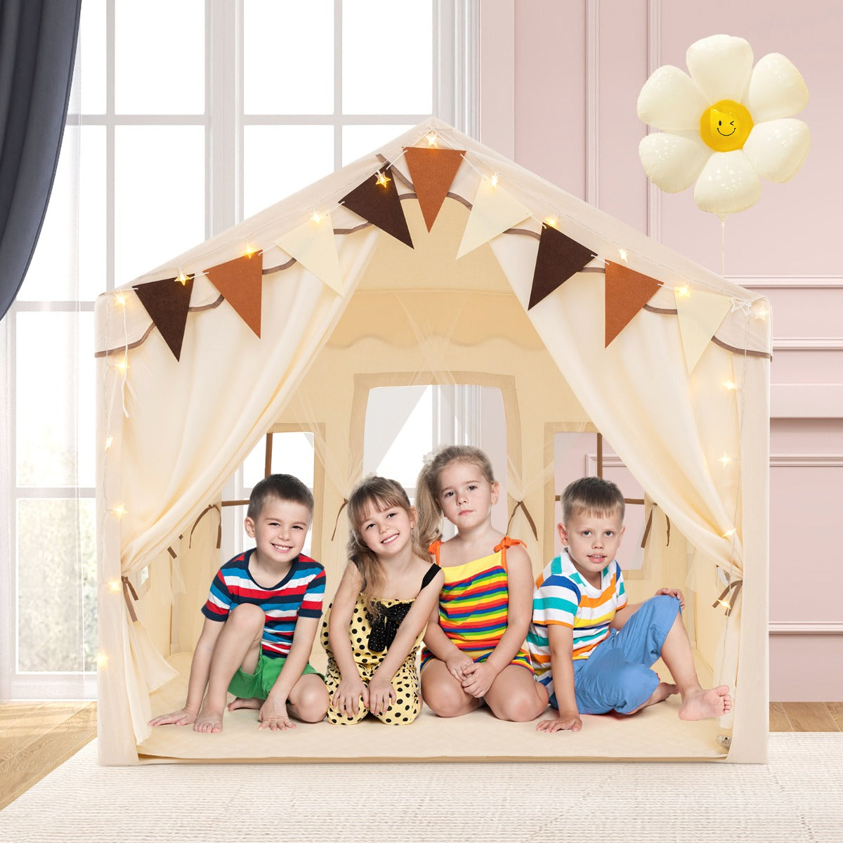 3-4 Kids Large Play Tent House with 2 Opening Doors  Star Lights and Plaid Pennants-Grey