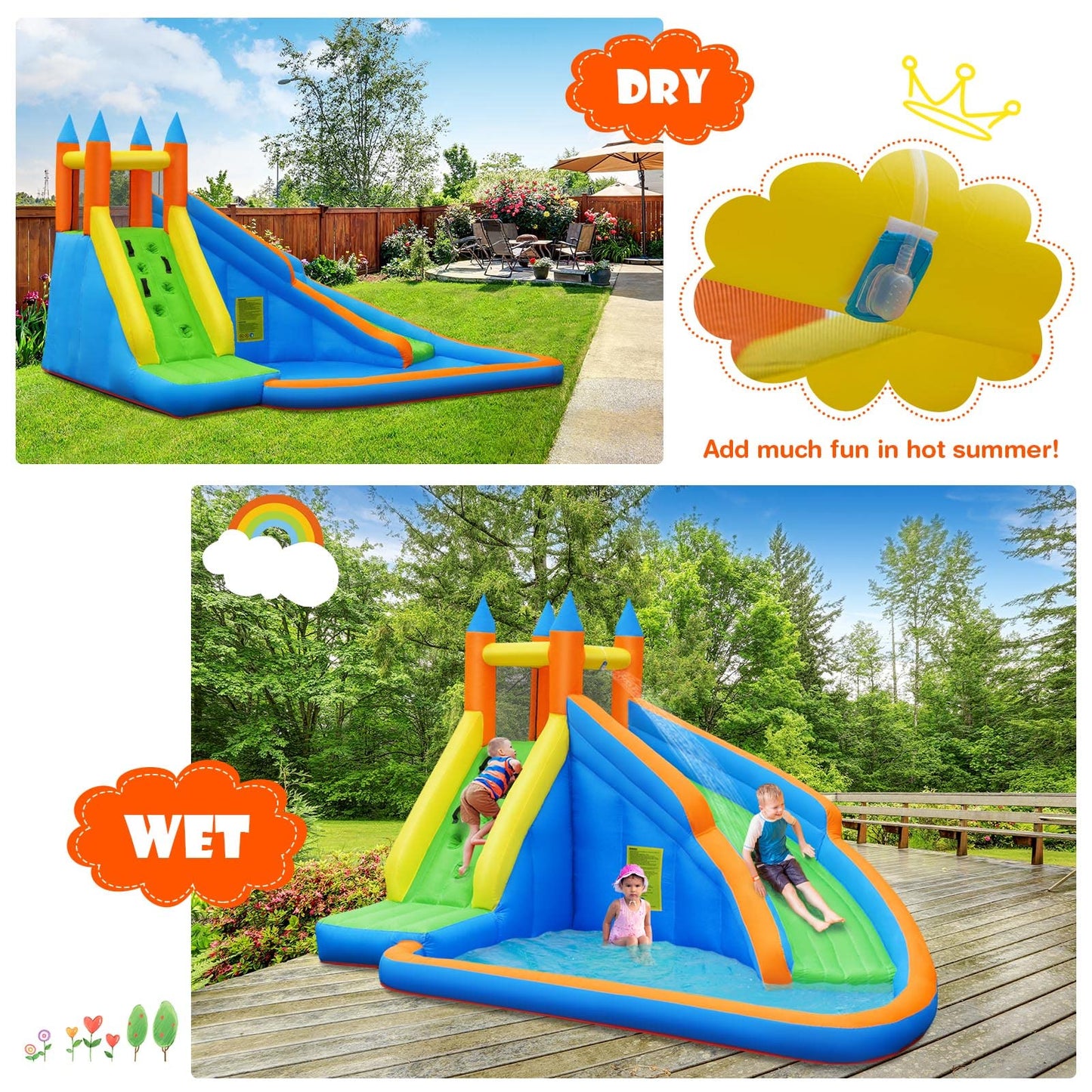 Costzon Inflatable Water Slide – Giant Backyard Jump Castle with Climbing Wall & Splash Pool