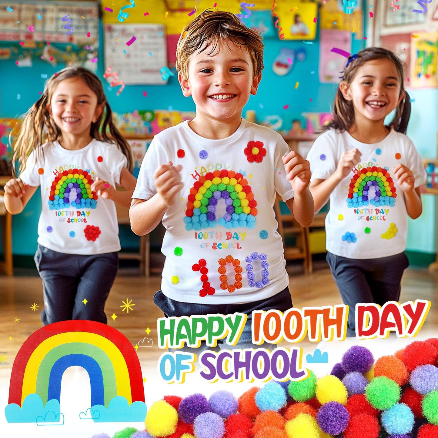 Cosweet 100th Day of School DIY T-Shirt Kit — Rainbow/Clown Design with Colorful Pom Poms & Adhesive Circles (Ages 3–10)