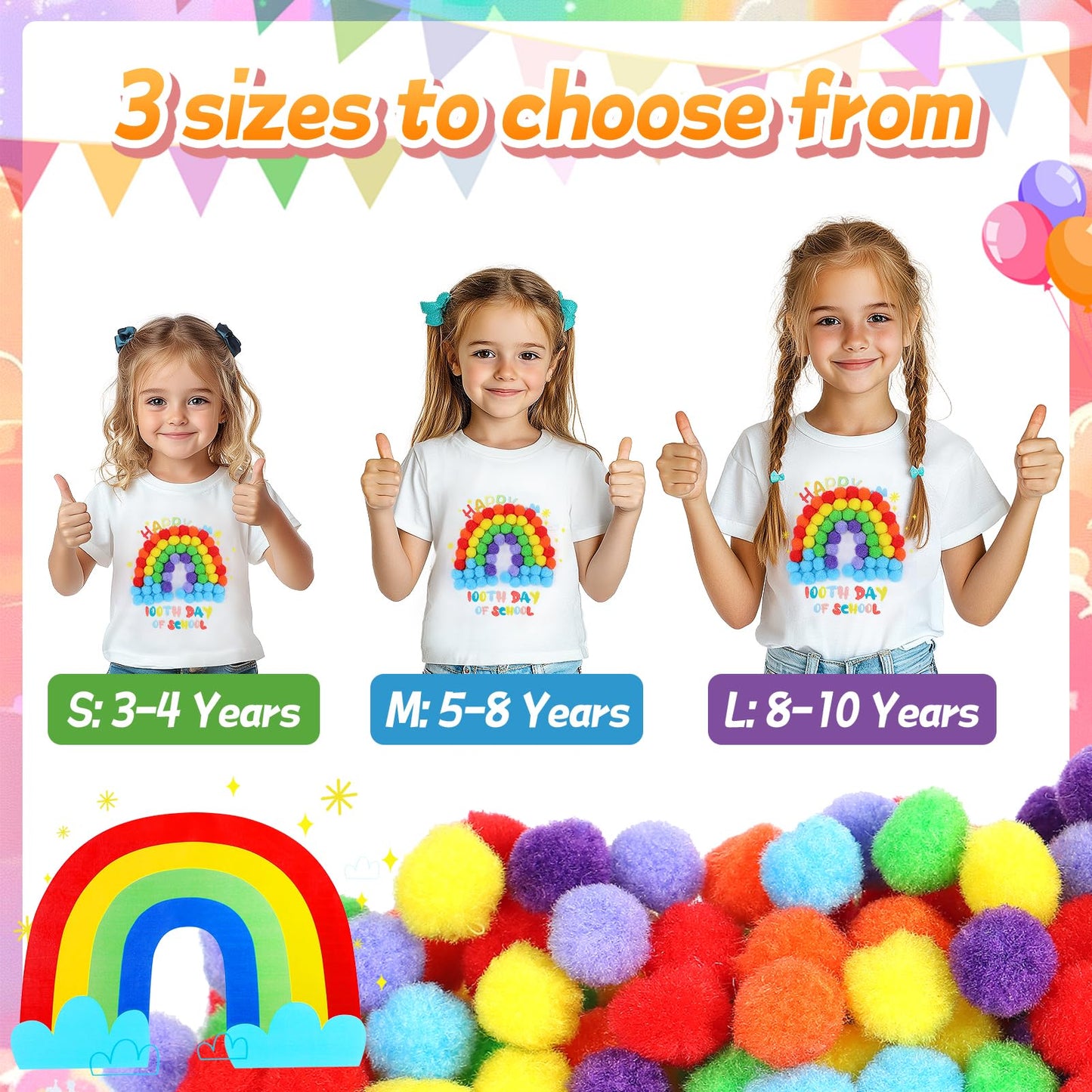 Cosweet 100th Day of School DIY T-Shirt Kit — Rainbow/Clown Design with Colorful Pom Poms & Adhesive Circles (Ages 3–10)