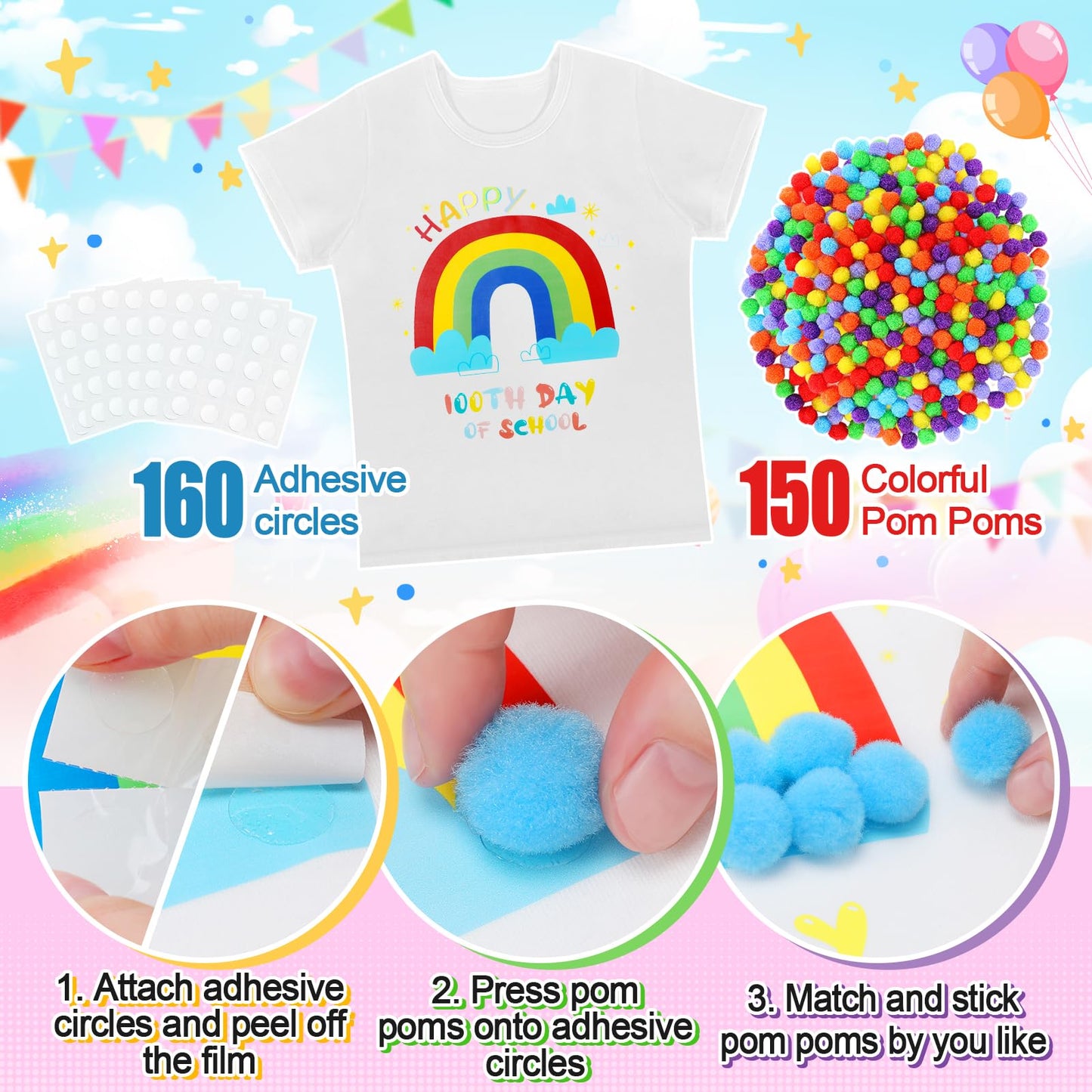 Cosweet 100th Day of School DIY T-Shirt Kit — Rainbow/Clown Design with Colorful Pom Poms & Adhesive Circles (Ages 3–10)