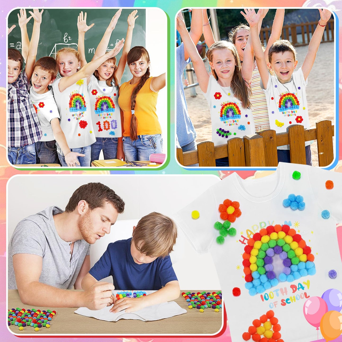 Cosweet 100th Day of School DIY T-Shirt Kit — Rainbow/Clown Design with Colorful Pom Poms & Adhesive Circles (Ages 3–10)