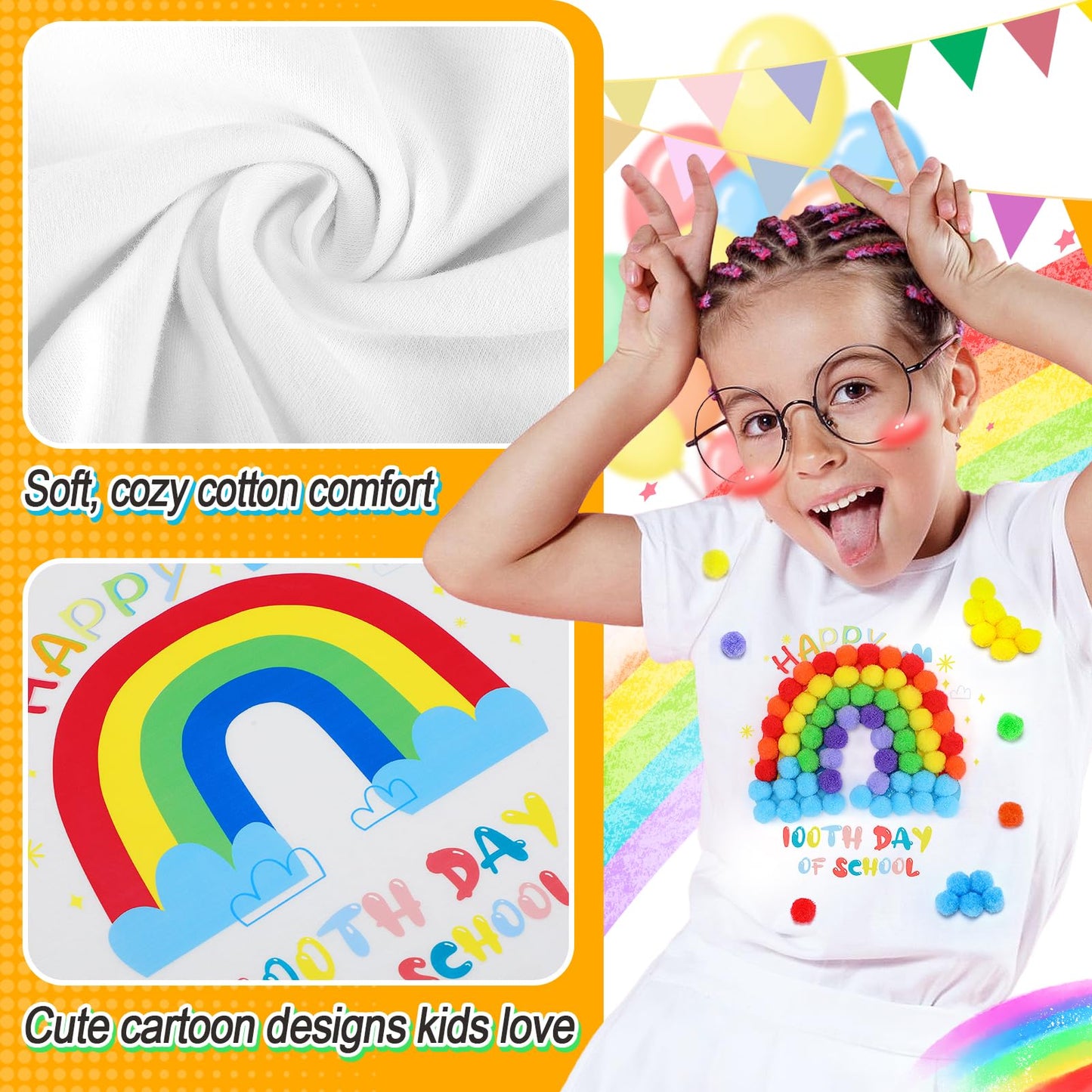 Cosweet 100th Day of School DIY T-Shirt Kit — Rainbow/Clown Design with Colorful Pom Poms & Adhesive Circles (Ages 3–10)