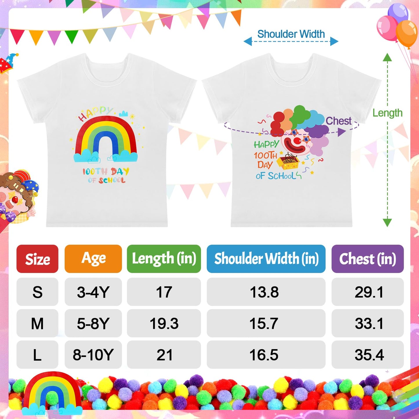 Cosweet 100th Day of School DIY T-Shirt Kit — Rainbow/Clown Design with Colorful Pom Poms & Adhesive Circles (Ages 3–10)