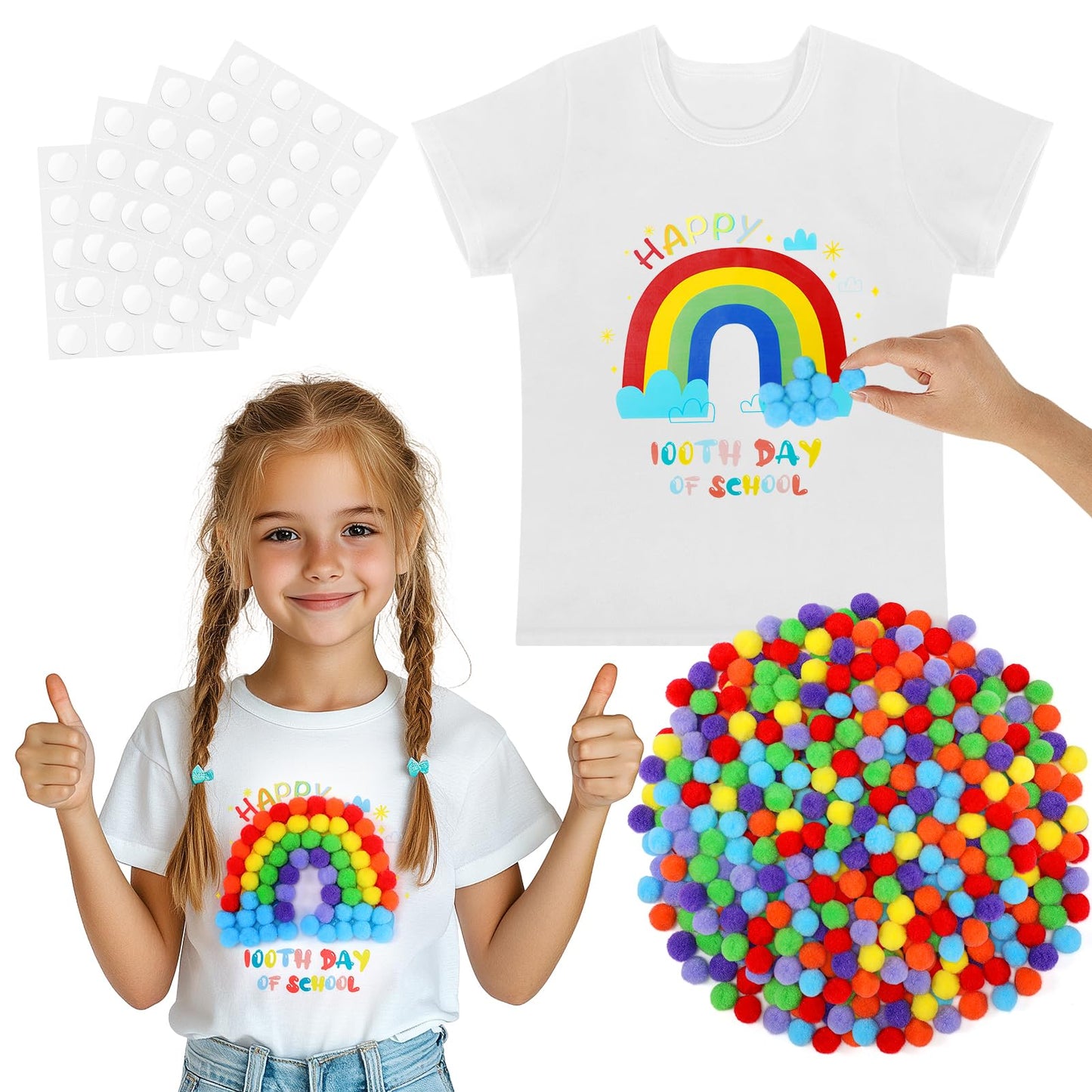 Cosweet 100th Day of School DIY T-Shirt Kit — Rainbow/Clown Design with Colorful Pom Poms & Adhesive Circles (Ages 3–10)